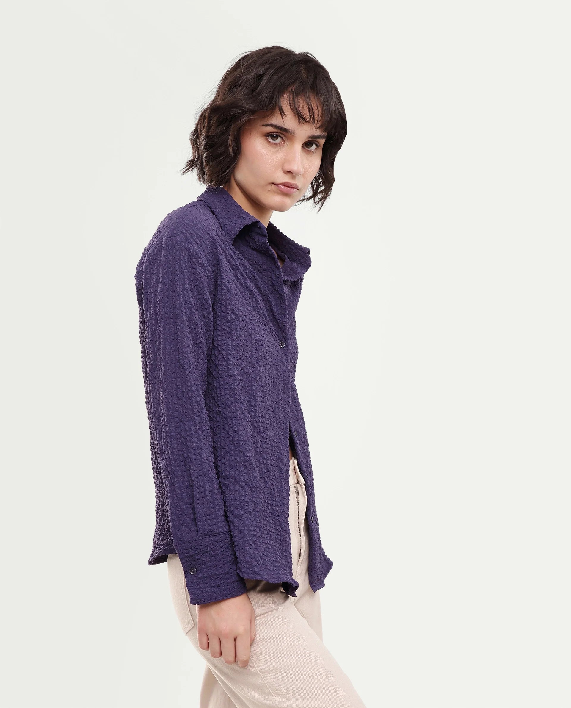 Rareism Women's Soda Purple Polyester Blend Button Relaxed Fit Shirt