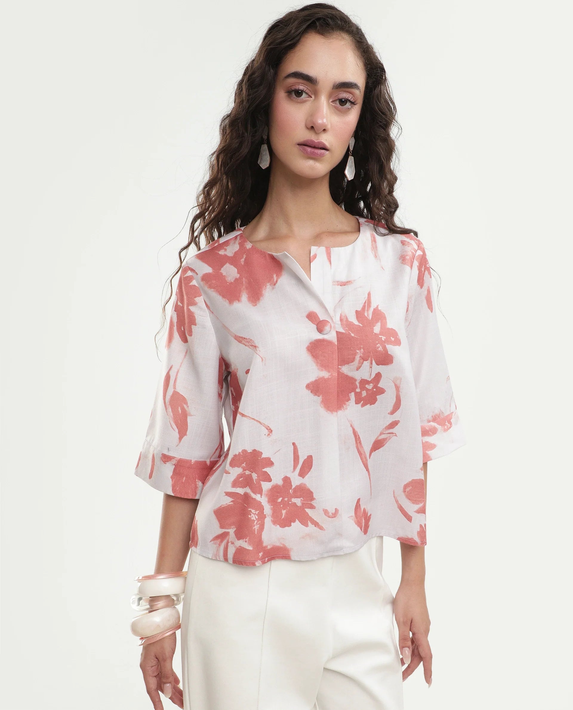 Rareism Women's Slana Beige Polyester Button Regular Fit Floral Print Top