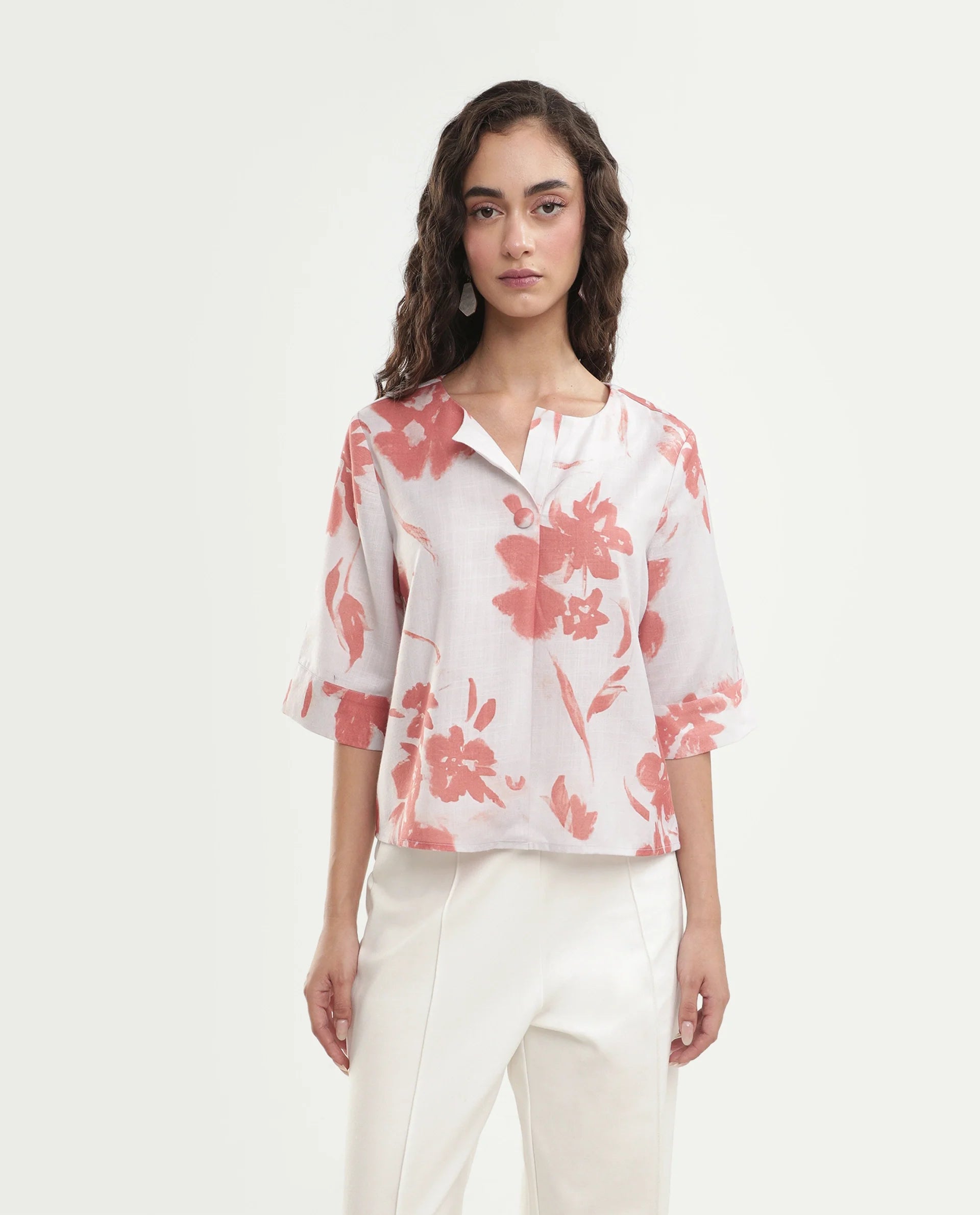Rareism Women's Slana Beige Polyester Button Regular Fit Floral Print Top