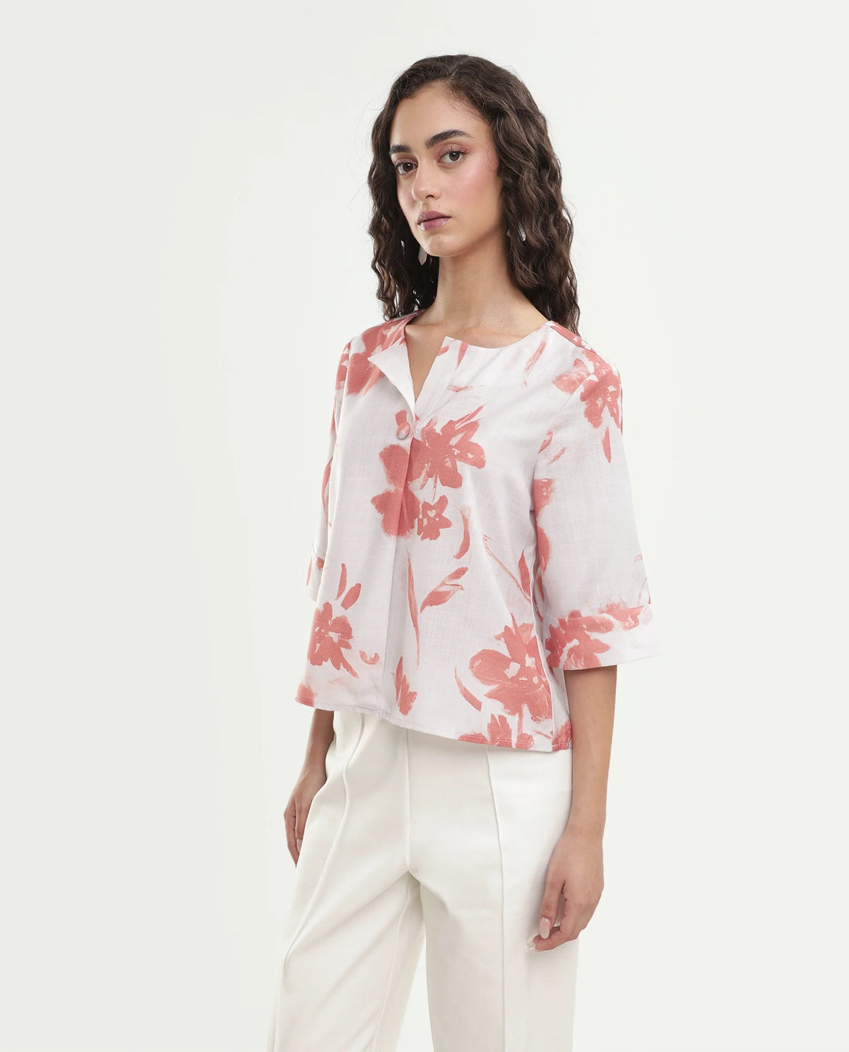 Rareism Women's Slana Beige Polyester Button Regular Fit Floral Print Top