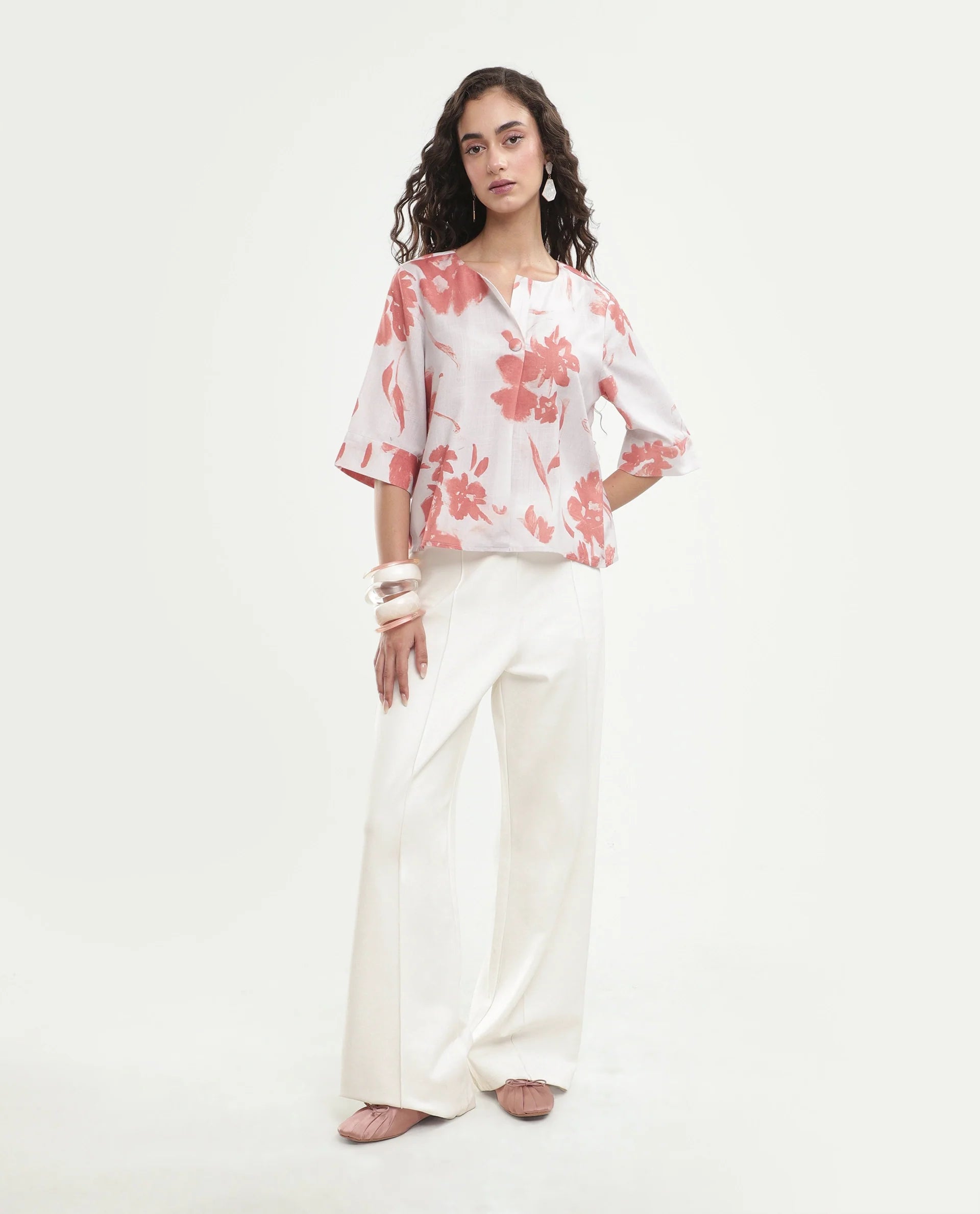 Rareism Women's Slana Beige Polyester Button Regular Fit Floral Print Top