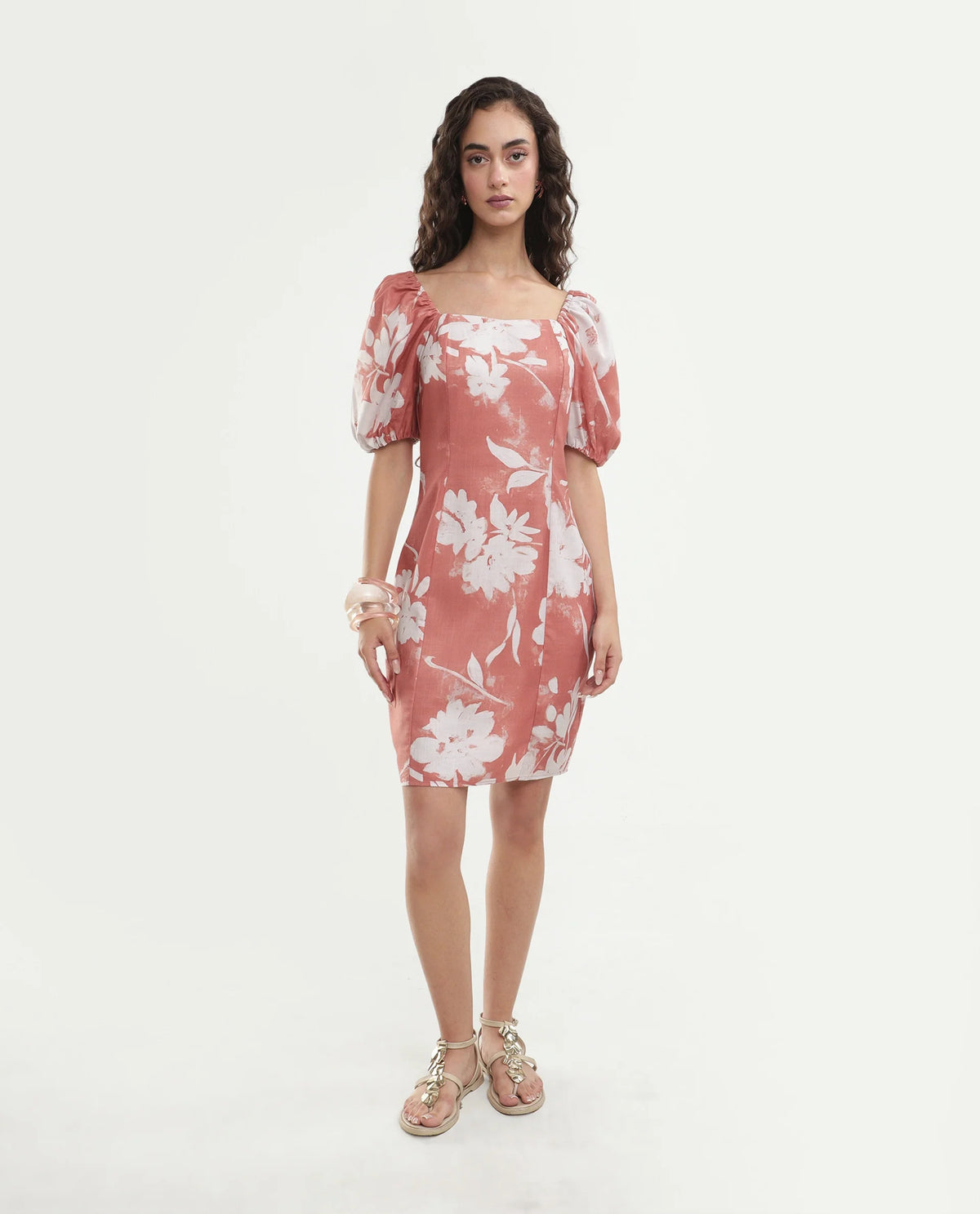 Rareism Women's Stefin Dusky Orange Polyester Button And Zip Fitted Floral Print Dress