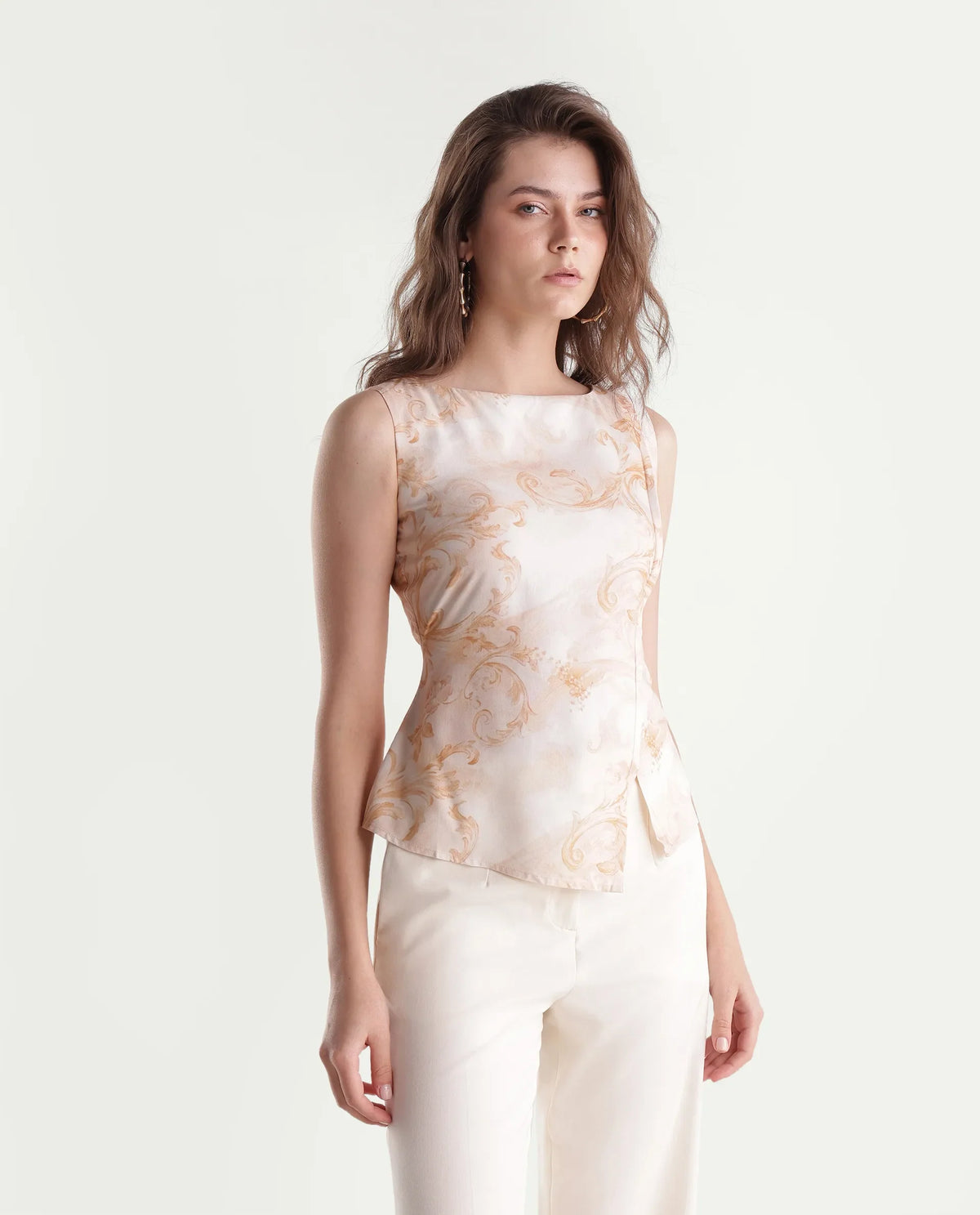 Rareism Women's Stunny Beige Viscose Pull-On Fitted Printed Top