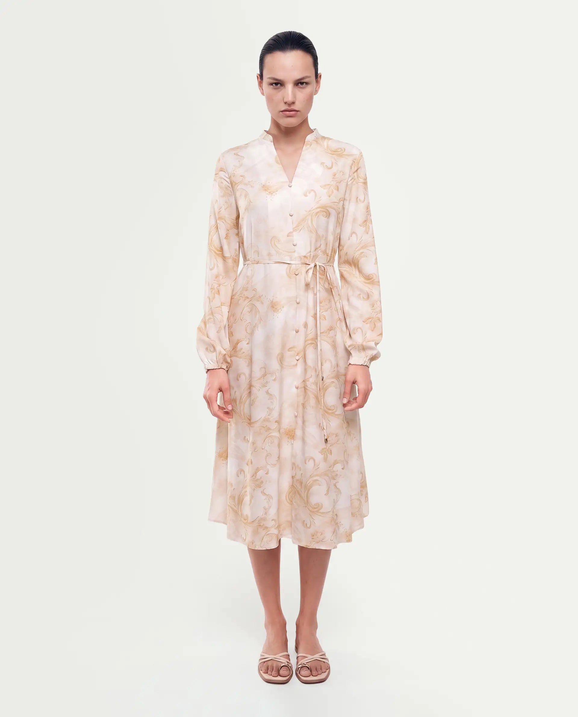 Rareism Women's Stubby Beige Viscose Pull-On A-Line Printed Shirt Dress