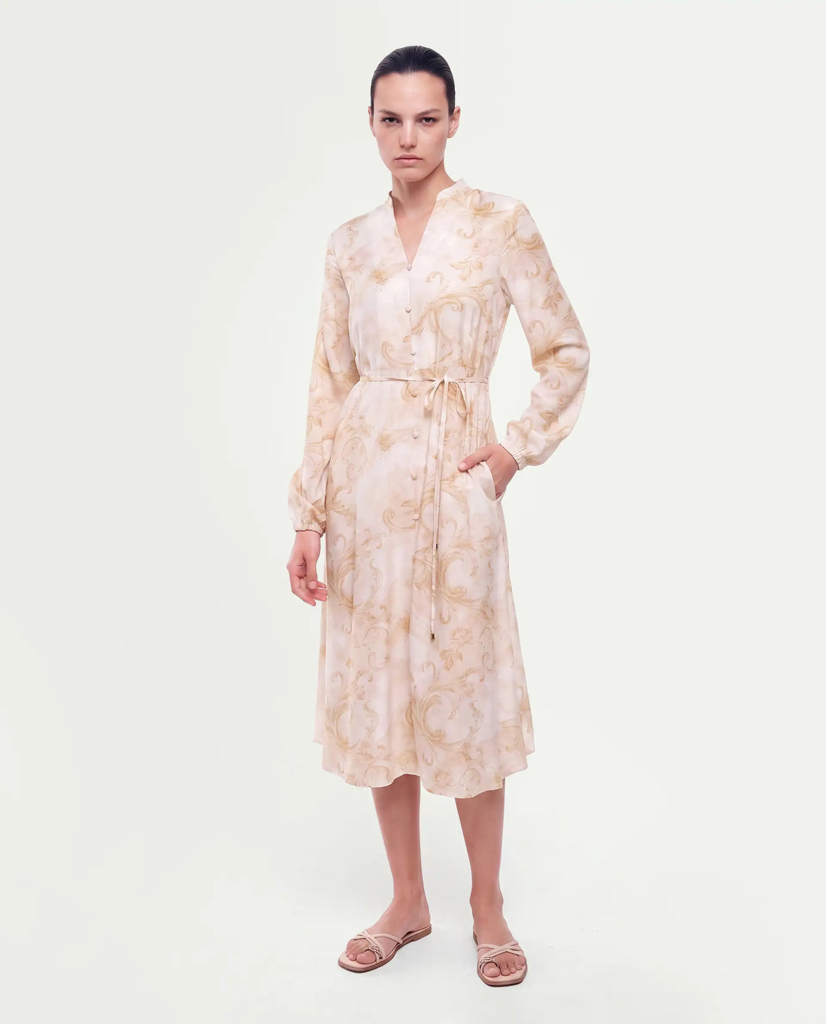 Rareism Women's Stubby Beige Viscose Pull-On A-Line Printed Shirt Dress