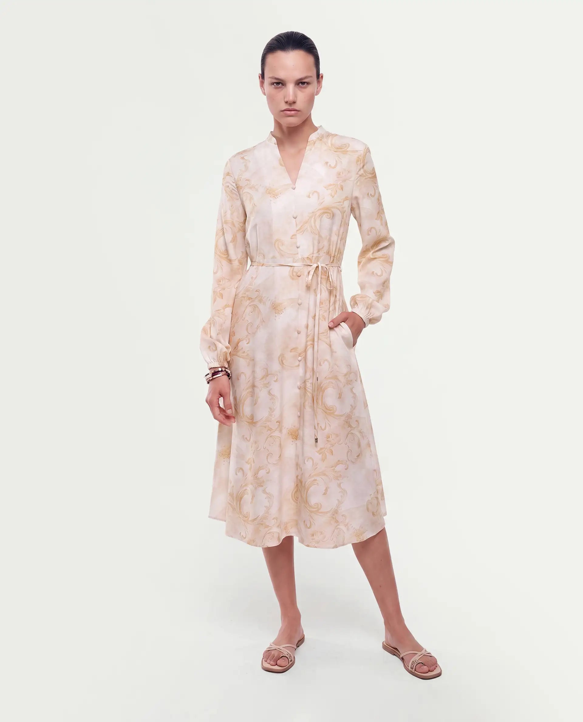 Rareism Women's Stubby Beige Viscose Pull-On A-Line Printed Shirt Dress