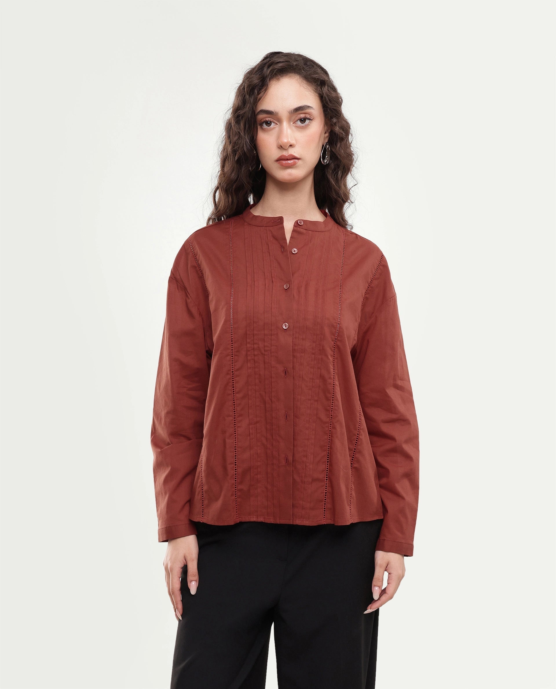 Rareism Women's Otun Rust Plain Cotton Regular Fit Full Sleeve Top