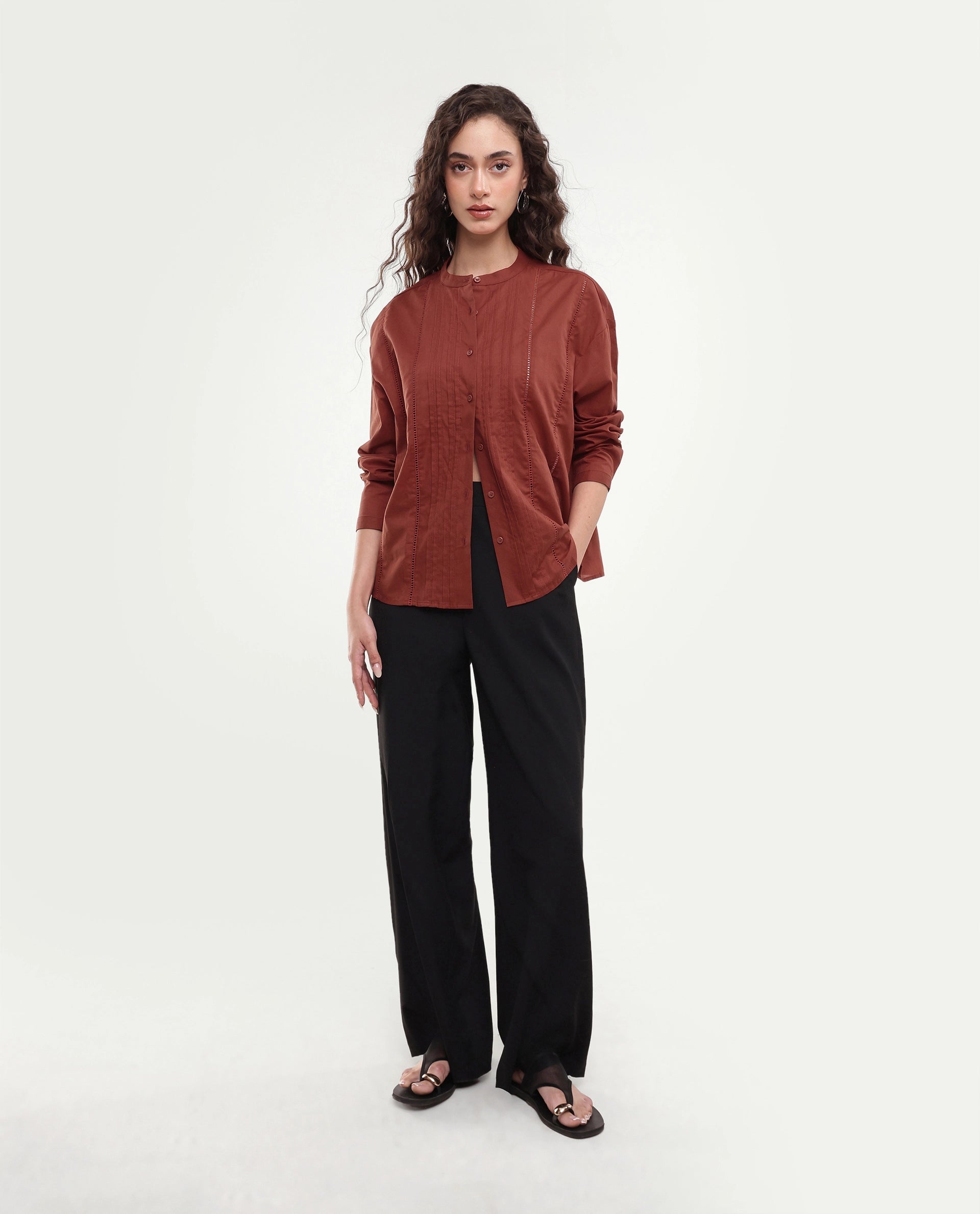 Rareism Women's Otun Rust Plain Cotton Regular Fit Full Sleeve Top