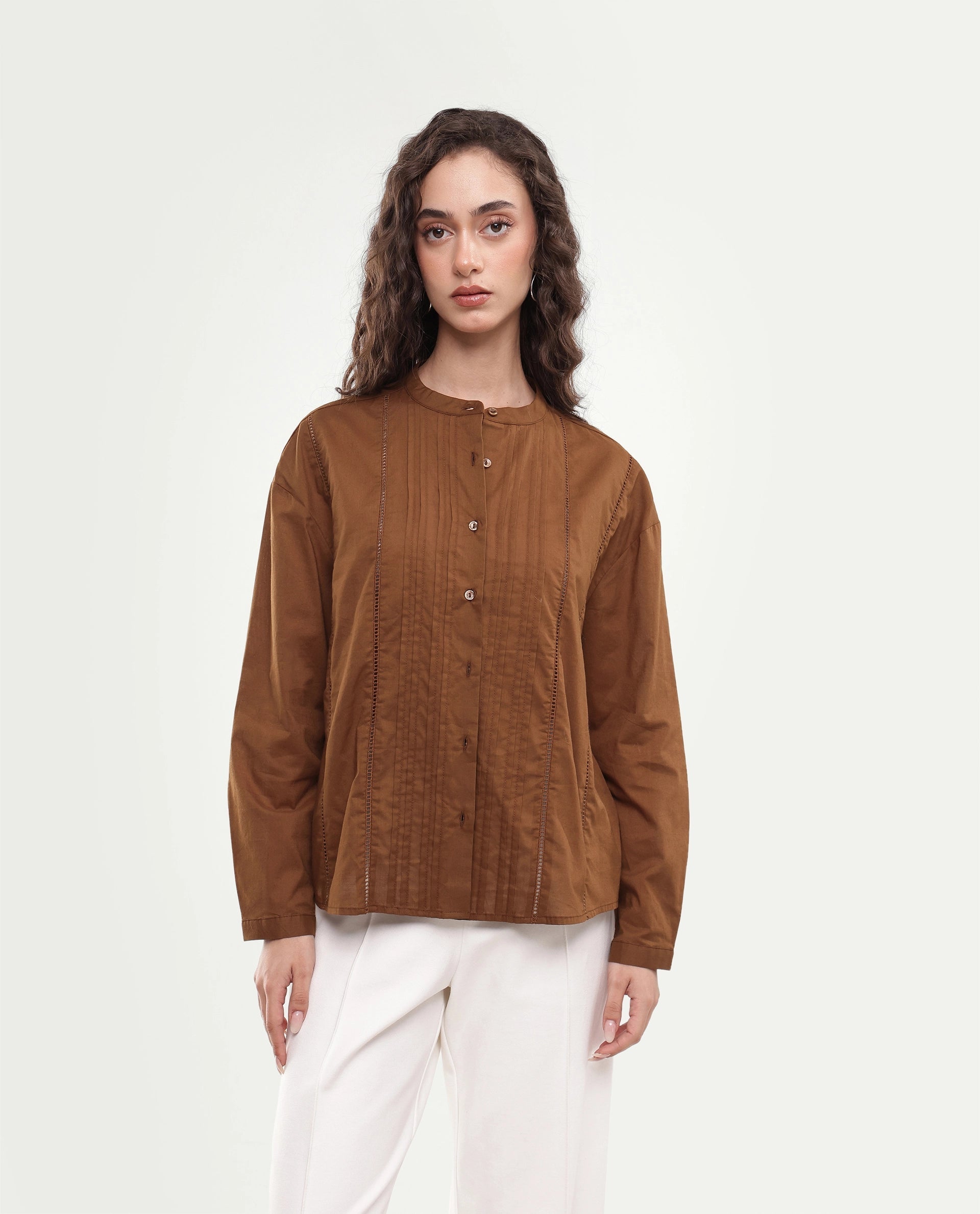 Rareism Women's Otun Dusky Olive Solid Cotton Regular Long Sleeves Top