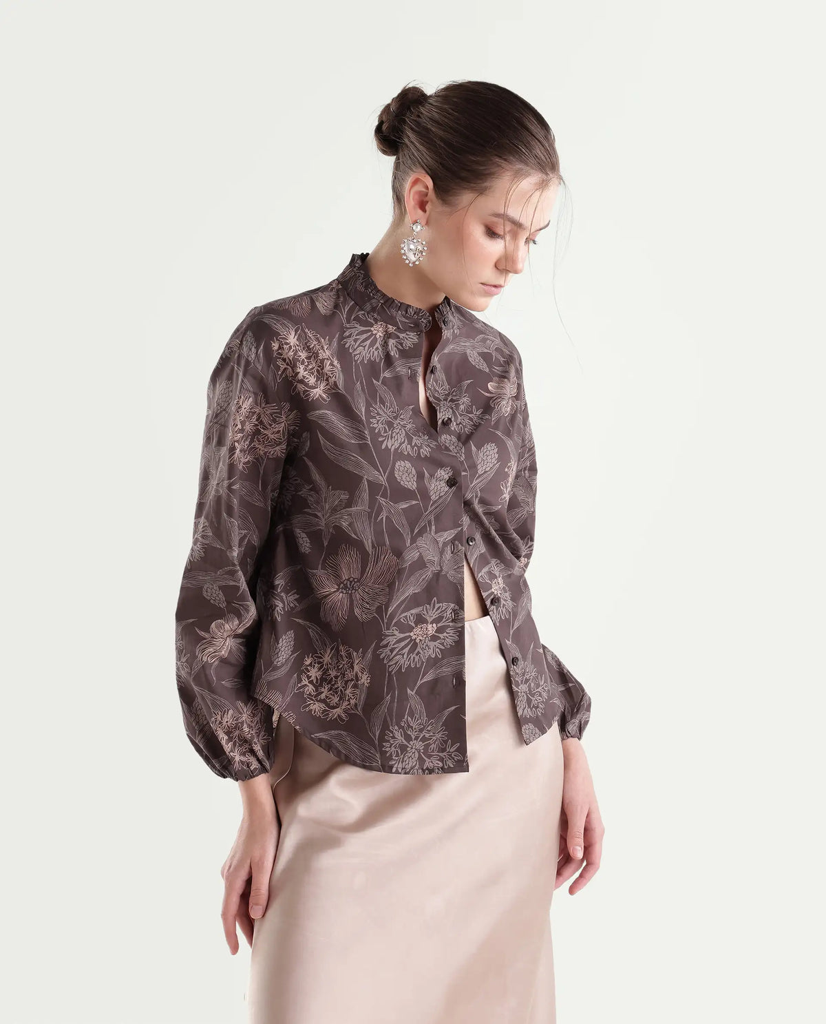 Rareism Women's Overon Dark Brown Cotton Button Regular Fit Floral Print Top