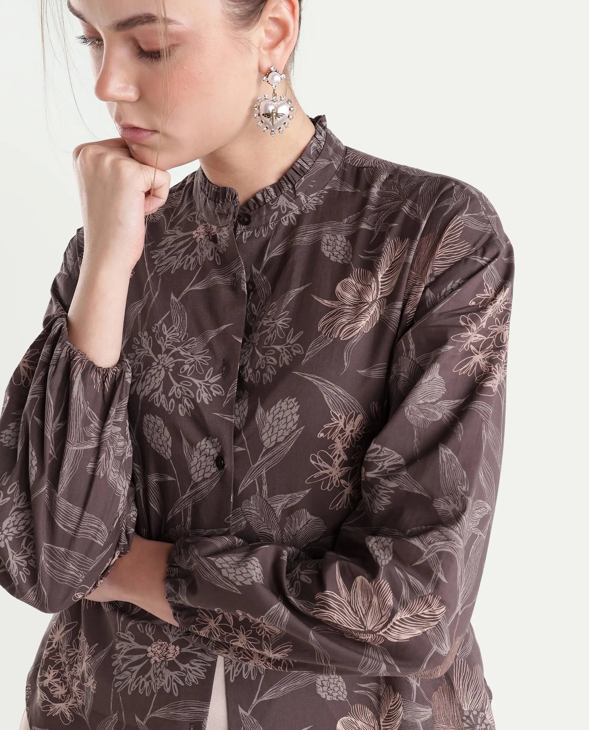 Rareism Women's Overon Dark Brown Cotton Button Regular Fit Floral Print Top