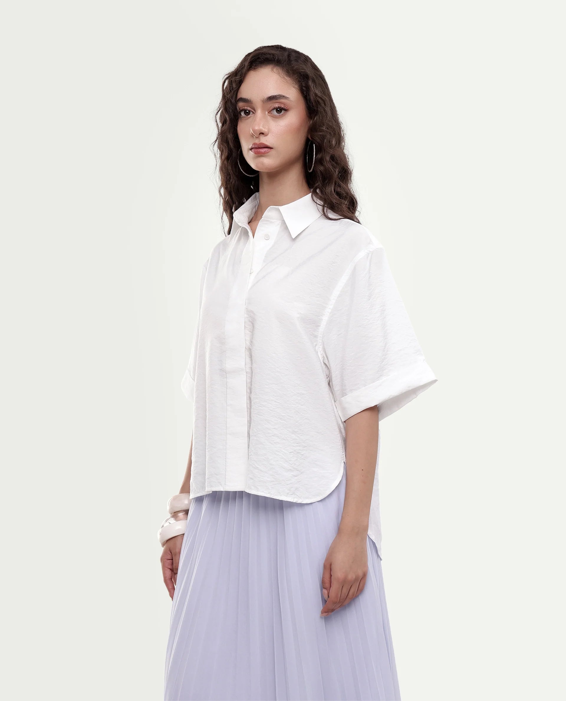 Rareism Women's Obin Primary White Viscose Blend Spread Collar Boxy Plain Shirt