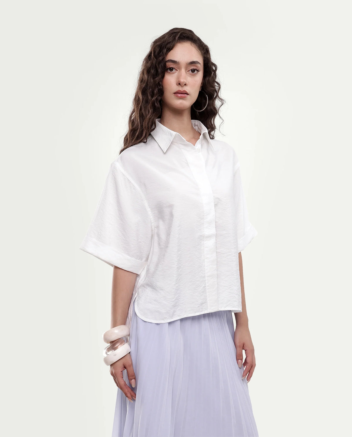 Rareism Women's Obin Primary White Viscose Blend Spread Collar Boxy Plain Shirt