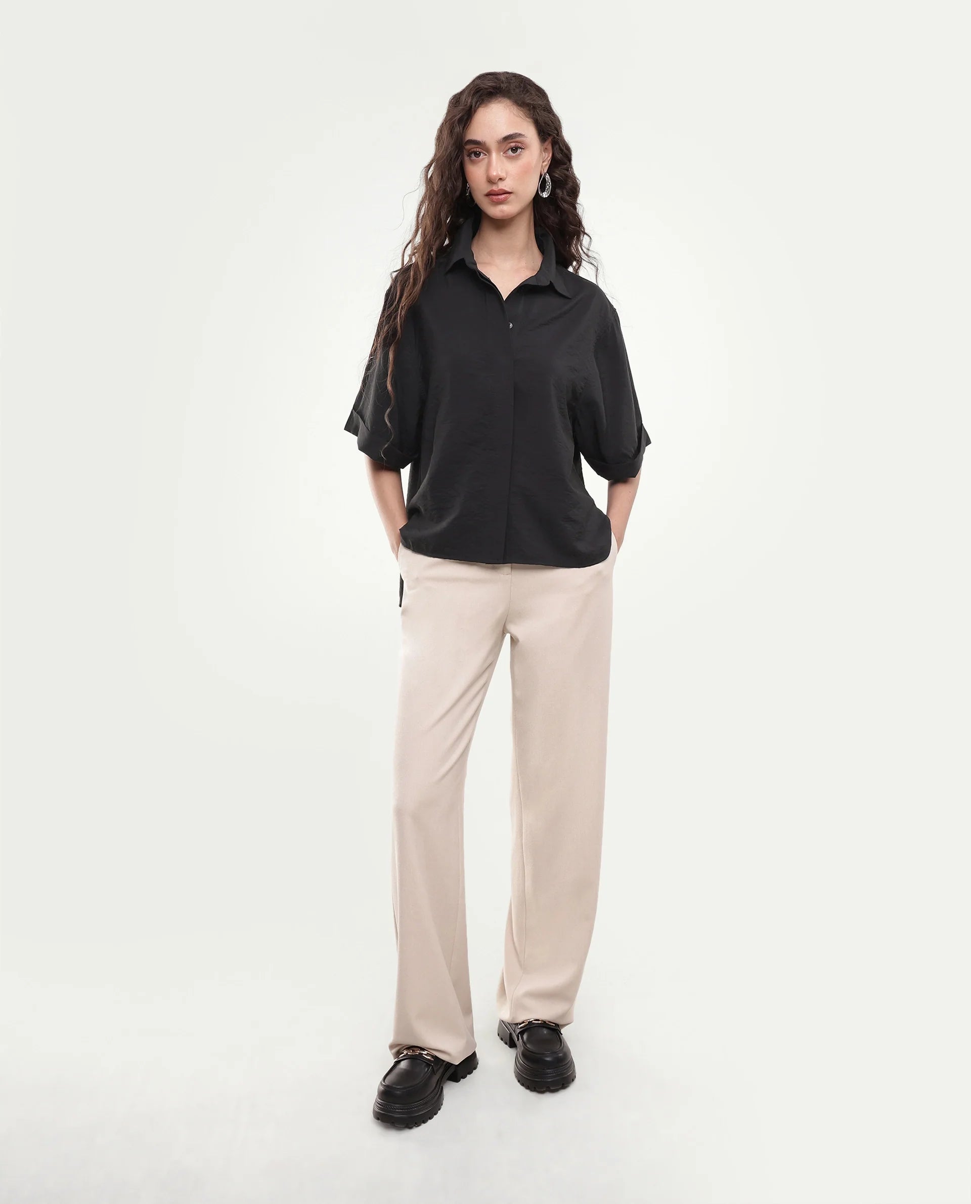 Rareism Women's Obin Black Solid Viscose Blend Boxy Short Sleeve Shirt