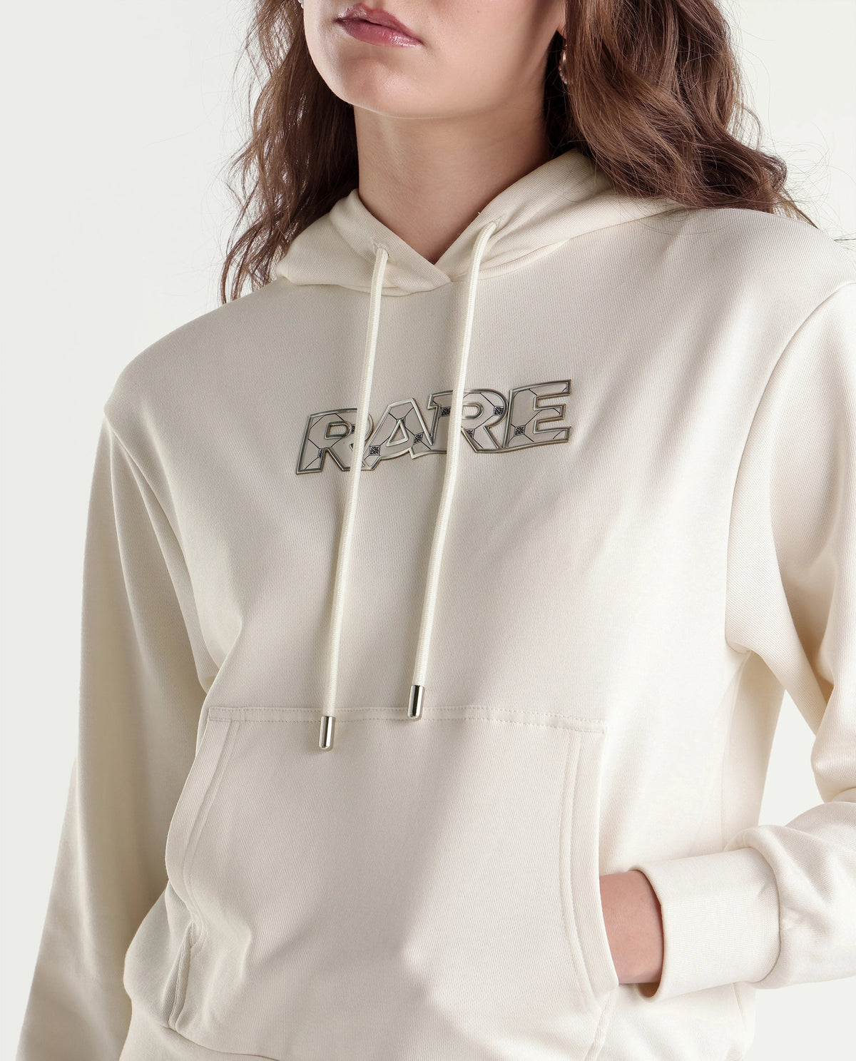 Rareism Women's Prob Off White Cotton Blend Drawstring Relaxed Fit Hd Print Sweatshirt