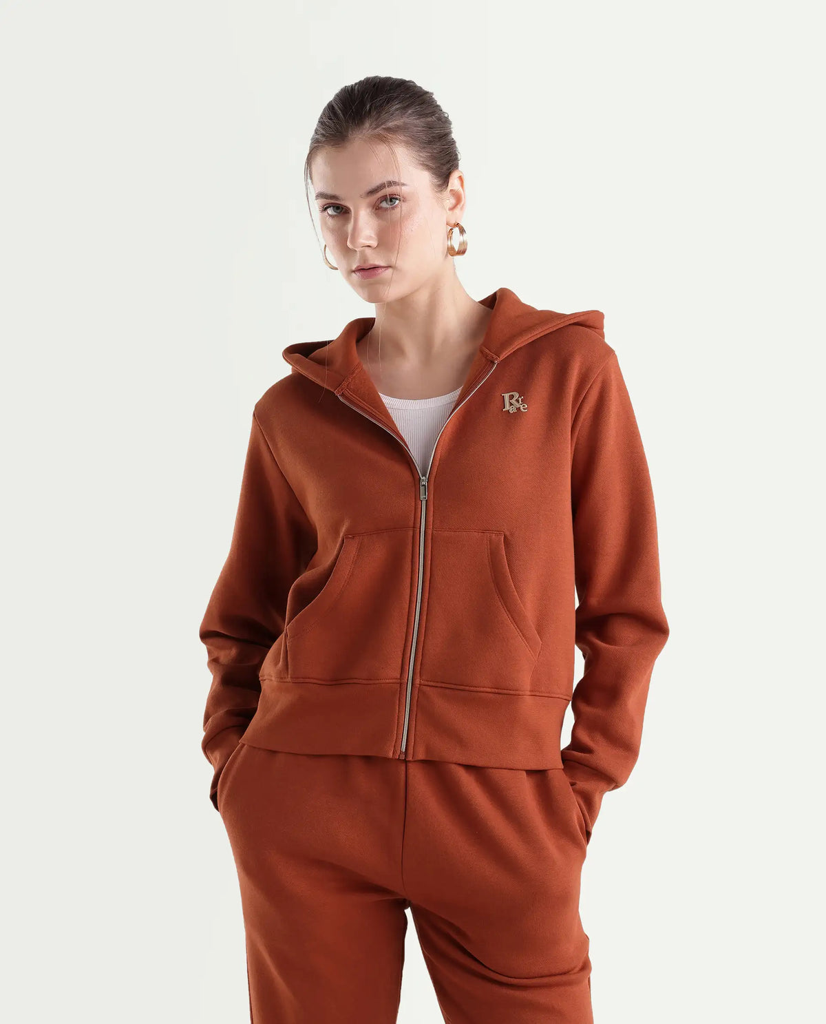 Rareism Women's Pod-T Dark Orange Cotton Blend Zipper Regular Fit Hd Print Sweatshirt