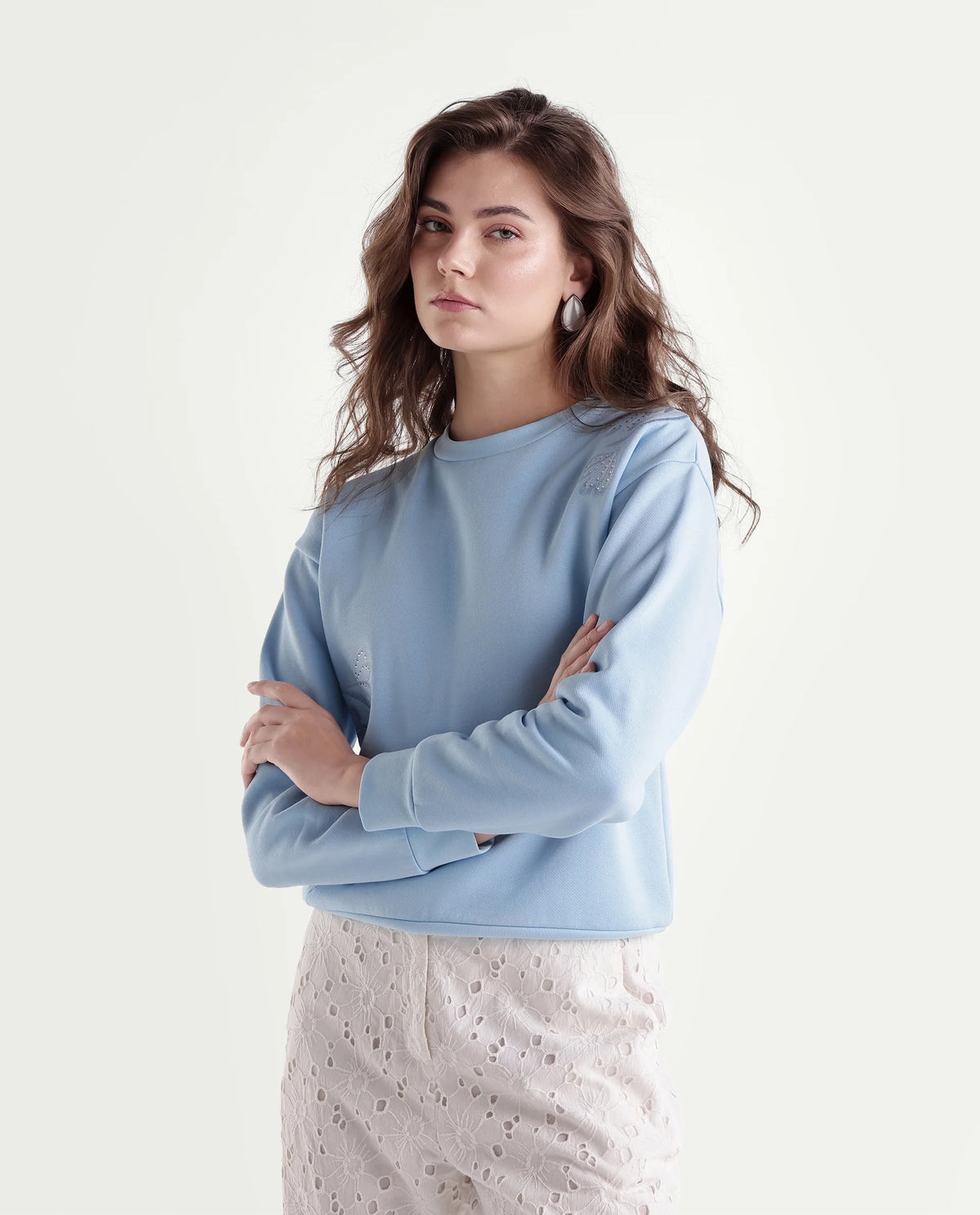 Rareism Women's Pigmy Light Blue Cotton Blend Relaxed Fit Embroidered Sweatshirt