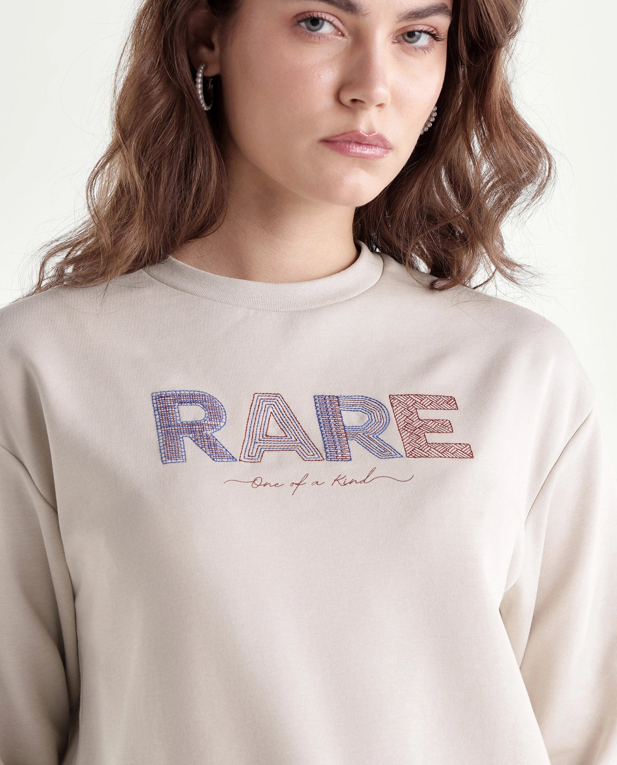 Rareism Women's Prize Light Beige Cotton Blend Relaxed Fit Embroidered Sweatshirt