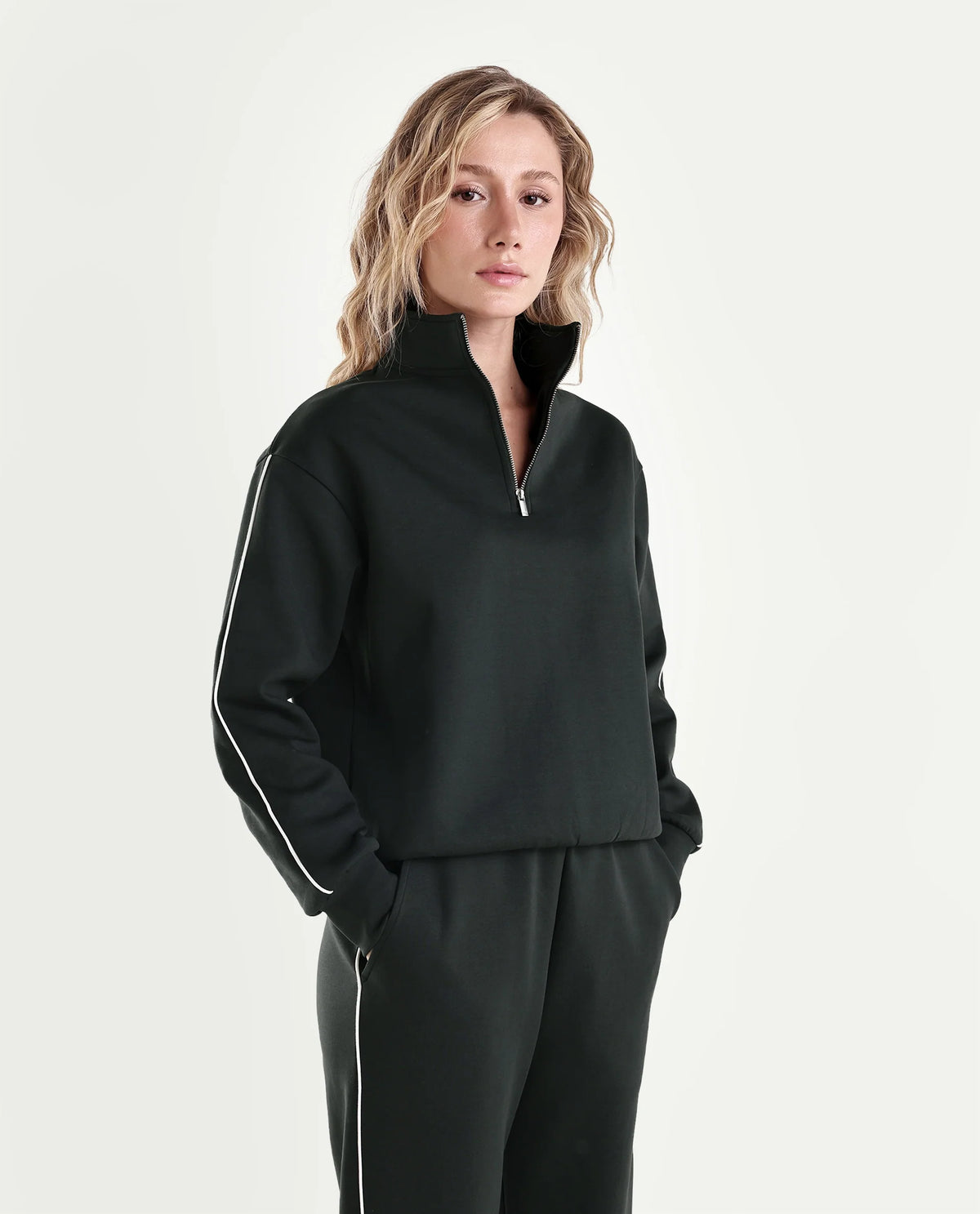 Rareism Women's Pint-T Dark Olive Cotton Blend Zipper Relaxed Fit Sweatshirt