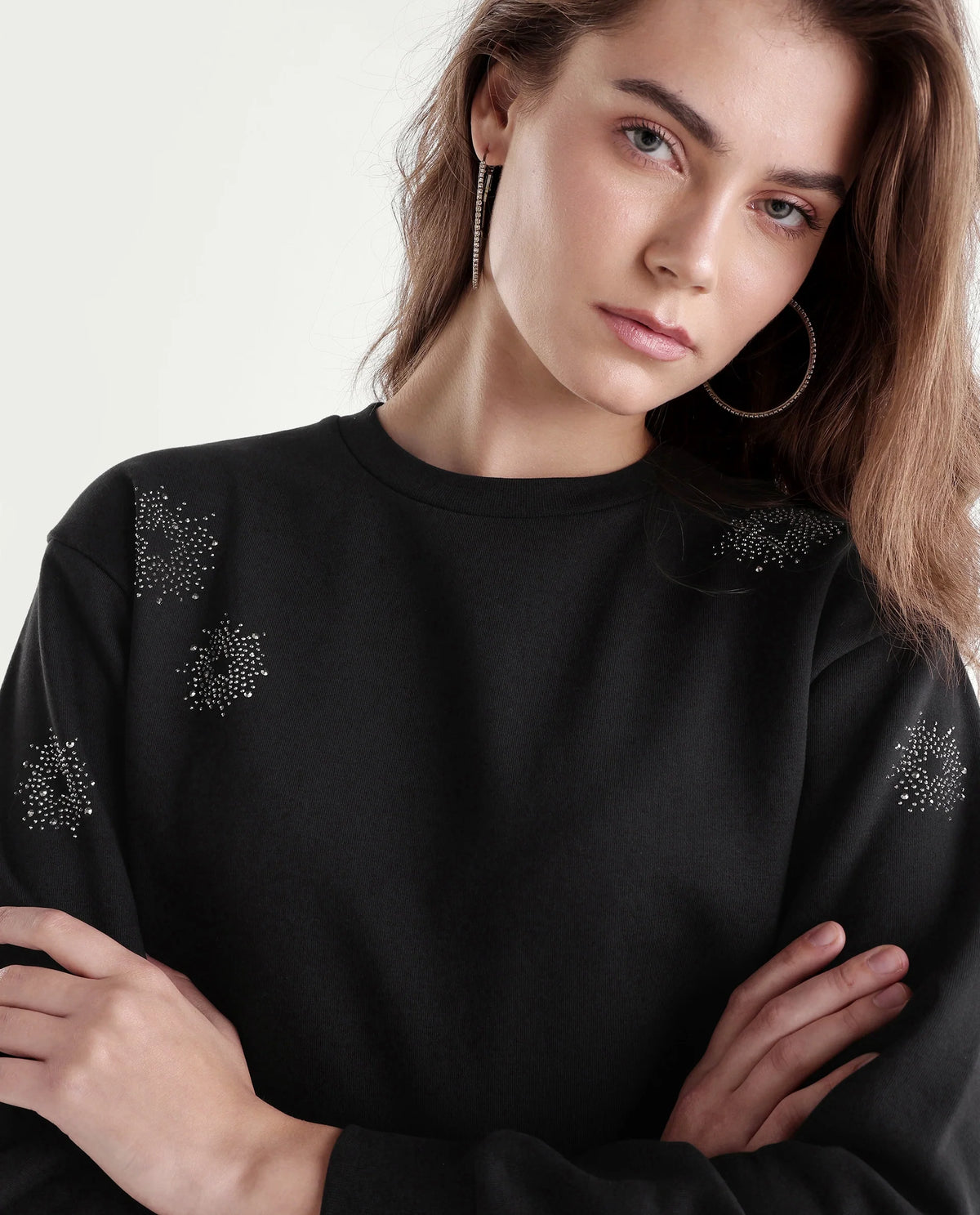 Rareism Women's Puff Black Cotton Blend Pull-On Relaxed Fit Printed Sweatshirt