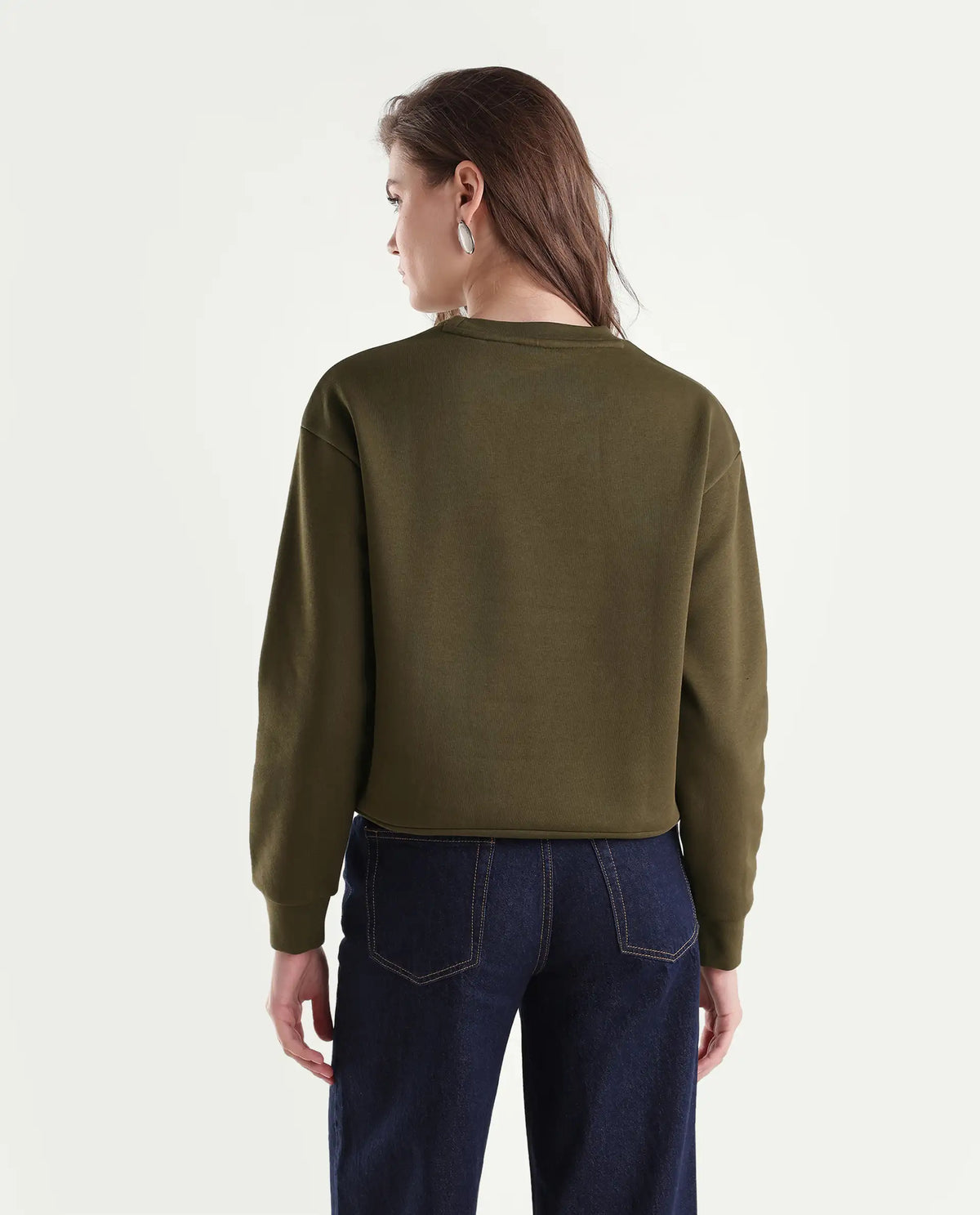 Rareism Women's Proxy Light Olive Cotton Blend Pull-On Relaxed Fit Printed Sweatshirt