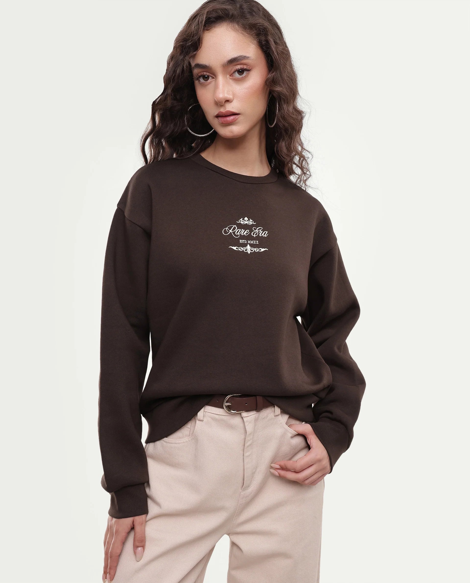 Rareism Women's Pivot Dark Brown Cotton Blend Pull-On Relaxed Fit Hd Print Sweatshirt