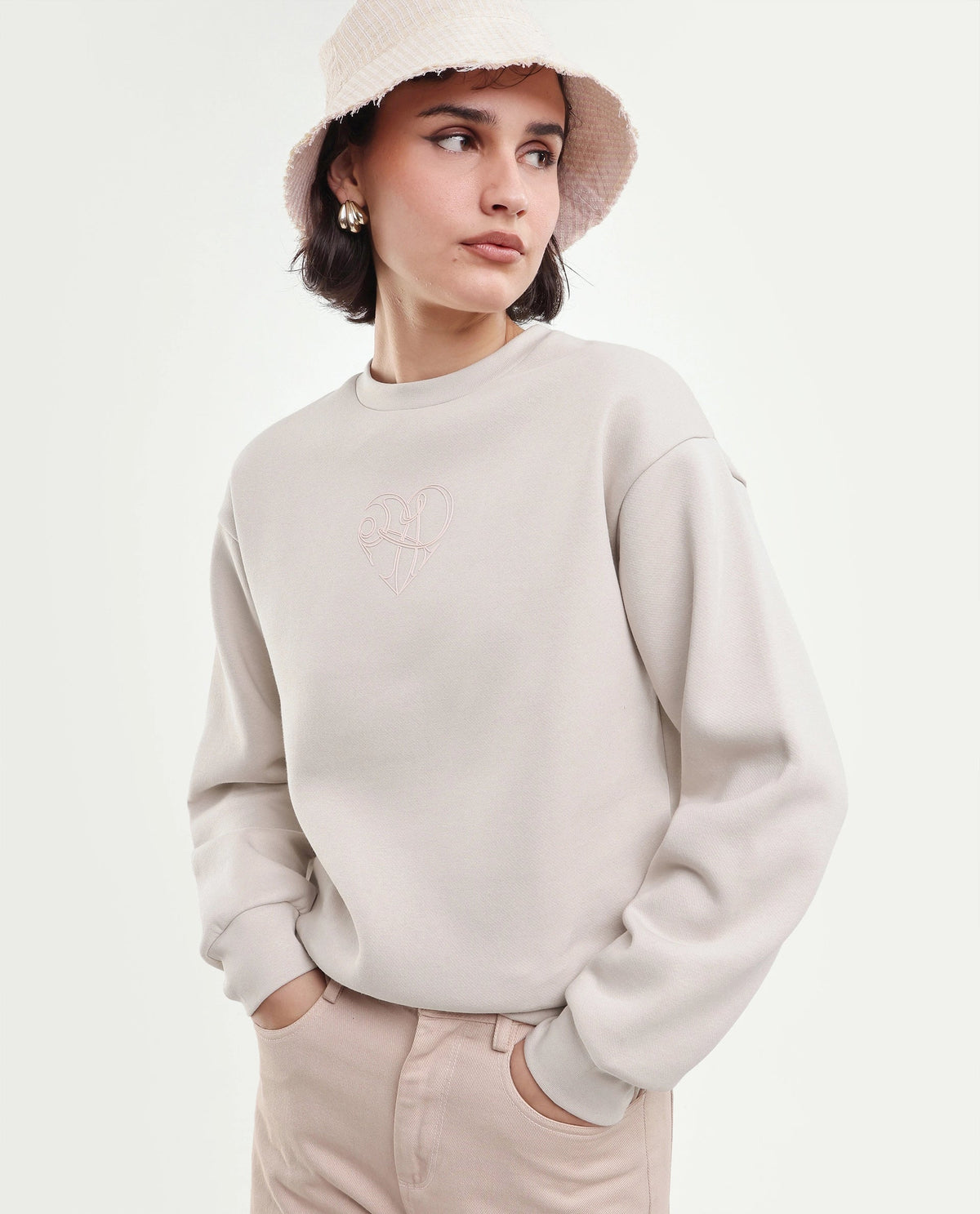 Rareism Women's Poker Light Beige Cotton Blend Pull-On Relaxed Fit Hd Print Sweatshirt