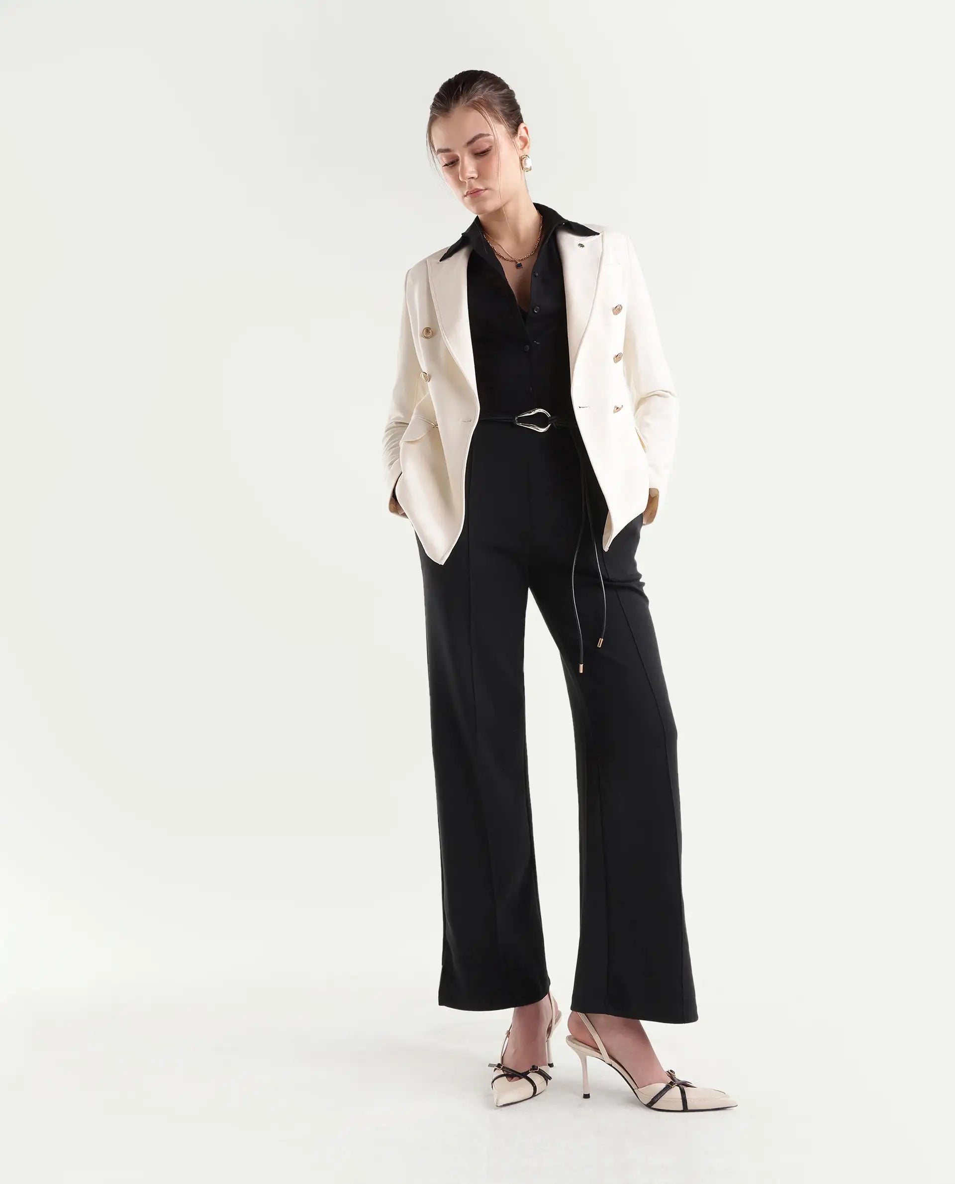 Rareism Women's Pound-B Black Cotton Blend Elastic Straight Track Pant