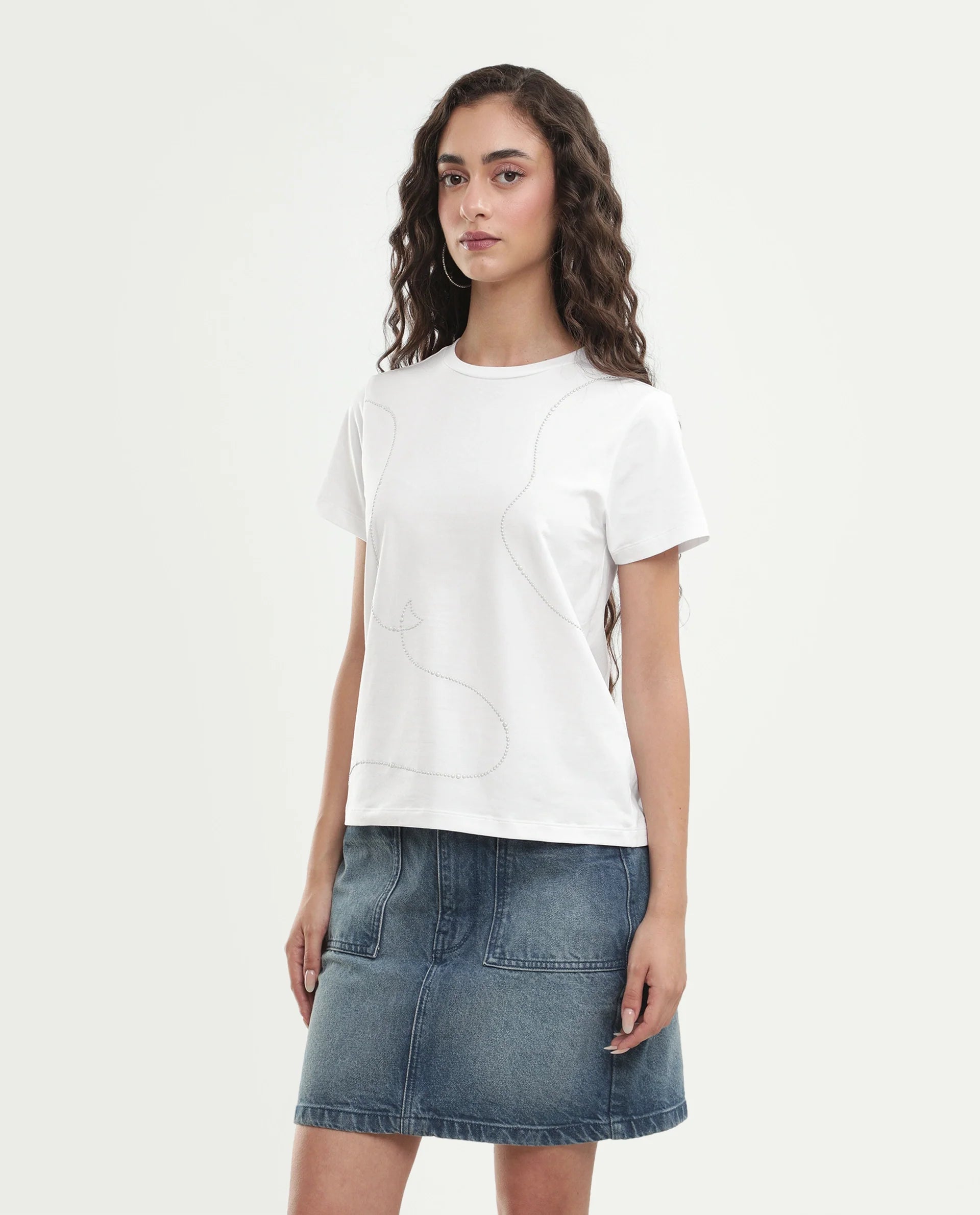 Rareism Women's Pox Off White Solid Cotton Blend Regular Short Sleeves T-Shirt