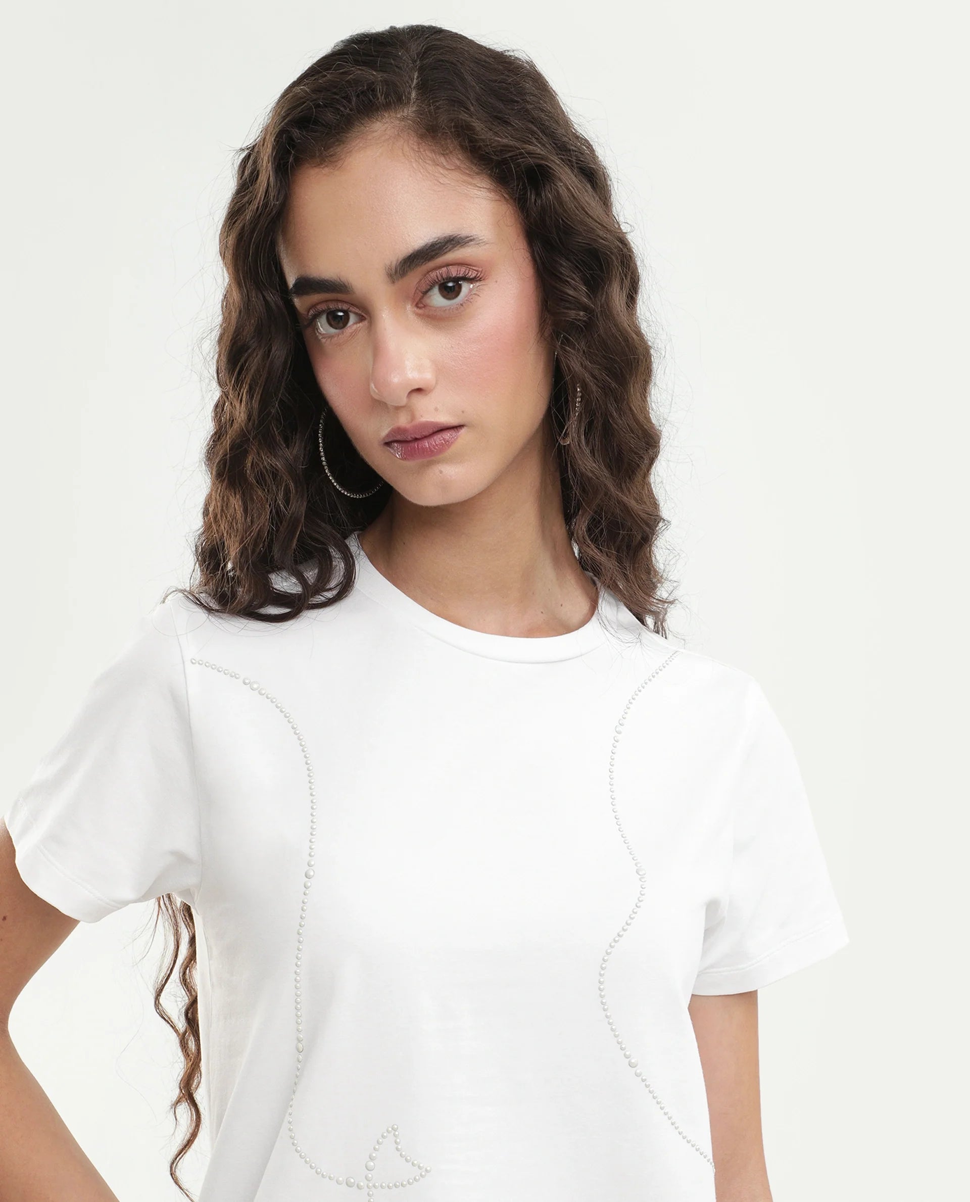 Rareism Women's Pox Off White Solid Cotton Blend Regular Short Sleeves T-Shirt