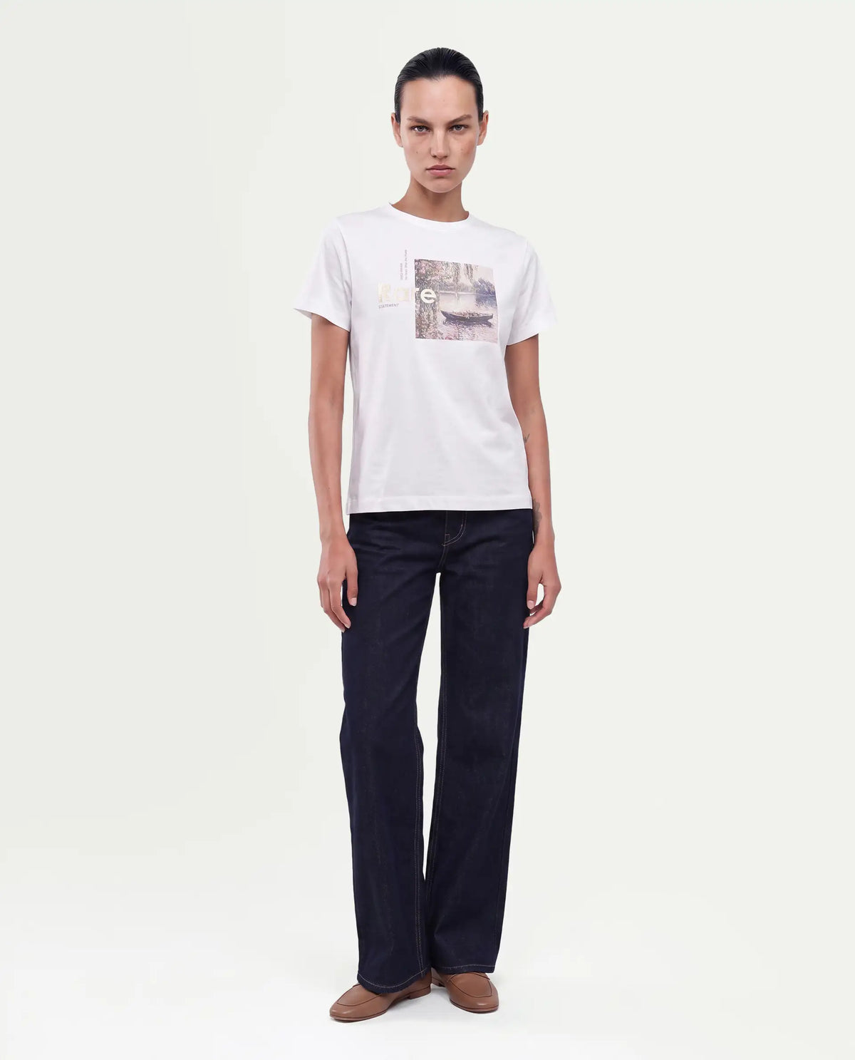 Rareism Women's Pitch Off White Cotton Blend Pull-On Regular Fit Digital Print T-Shirt