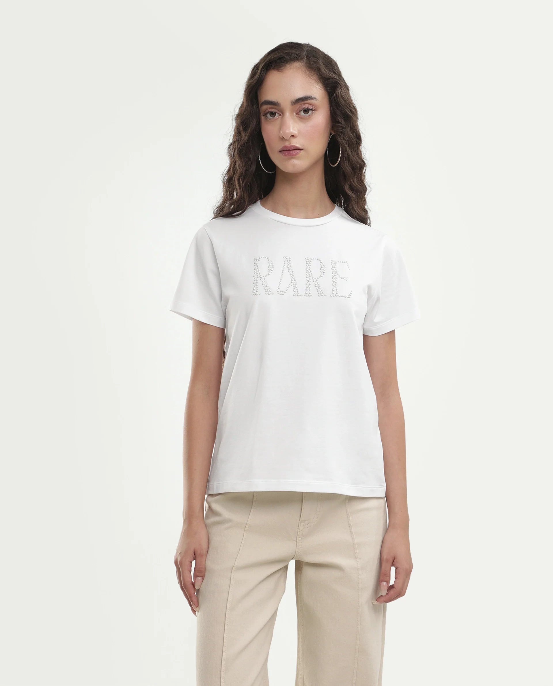 Rareism Women's Pearlo Off White Cotton Blend Pull-On Regular Fit Printed T-Shirt