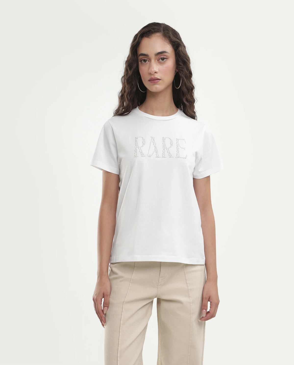 Rareism Women's Pearlo Off White Cotton Blend Pull-On Regular Fit Printed T-Shirt