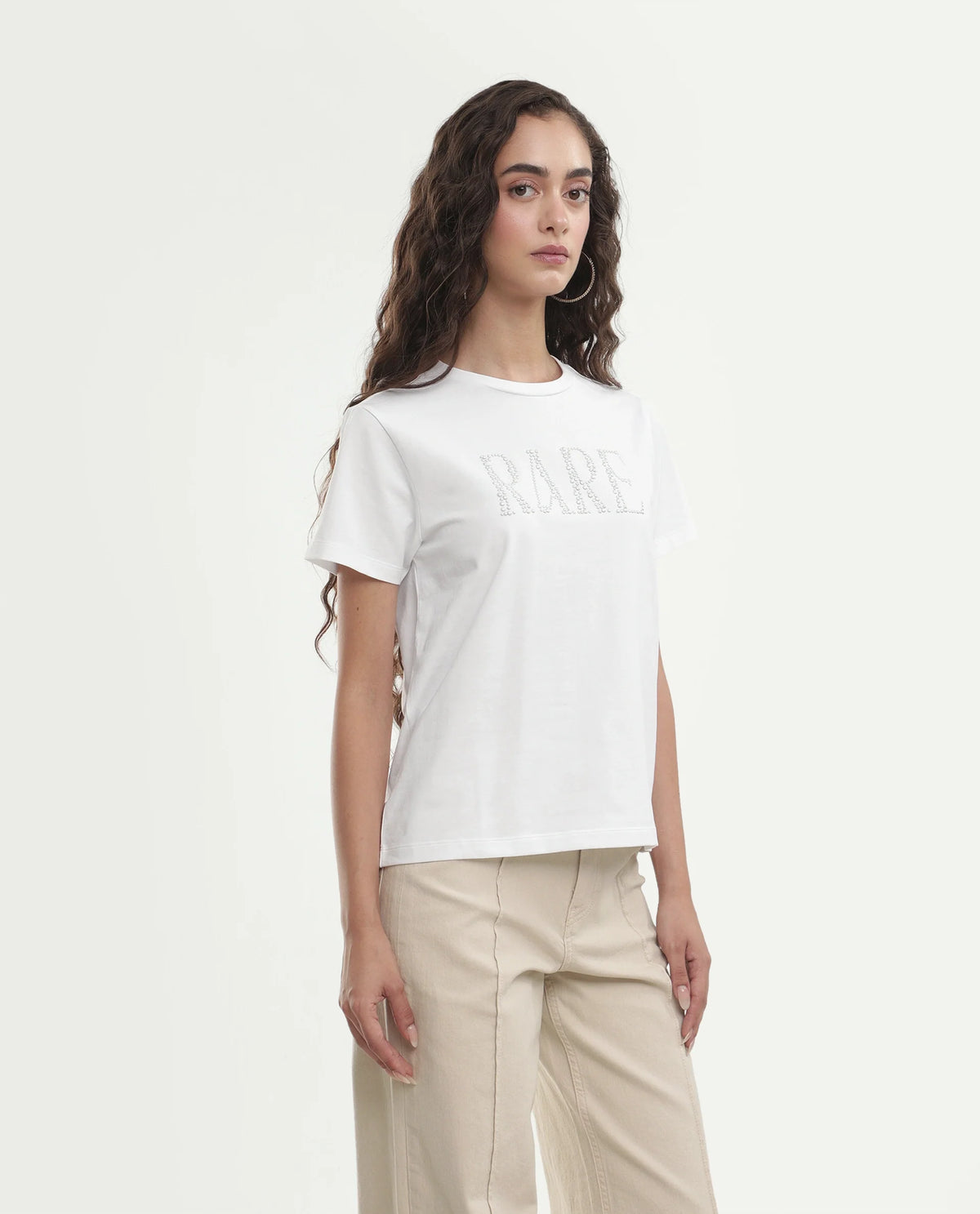 Rareism Women's Pearlo Off White Cotton Blend Pull-On Regular Fit Printed T-Shirt