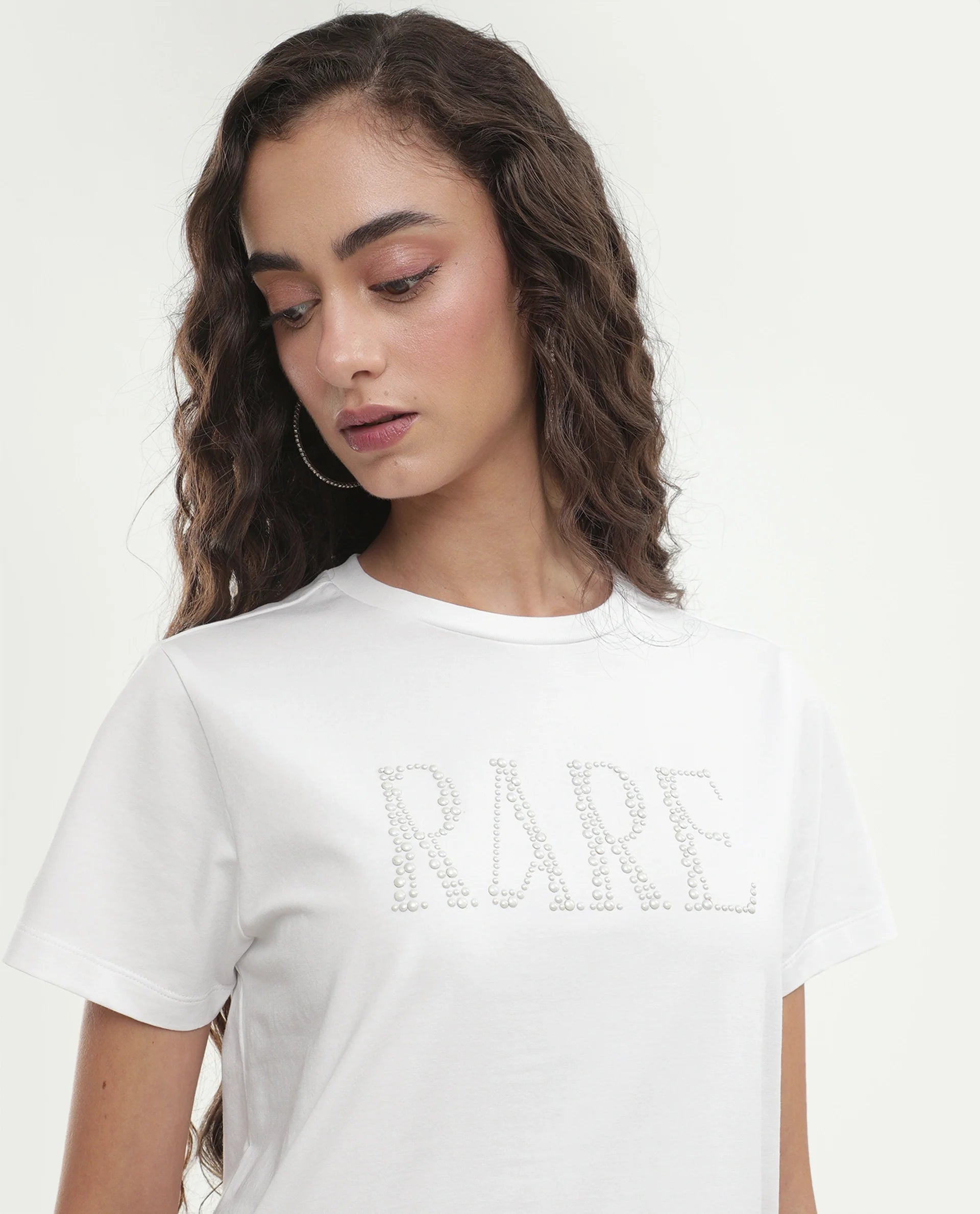 Rareism Women's Pearlo Off White Cotton Blend Pull-On Regular Fit Printed T-Shirt