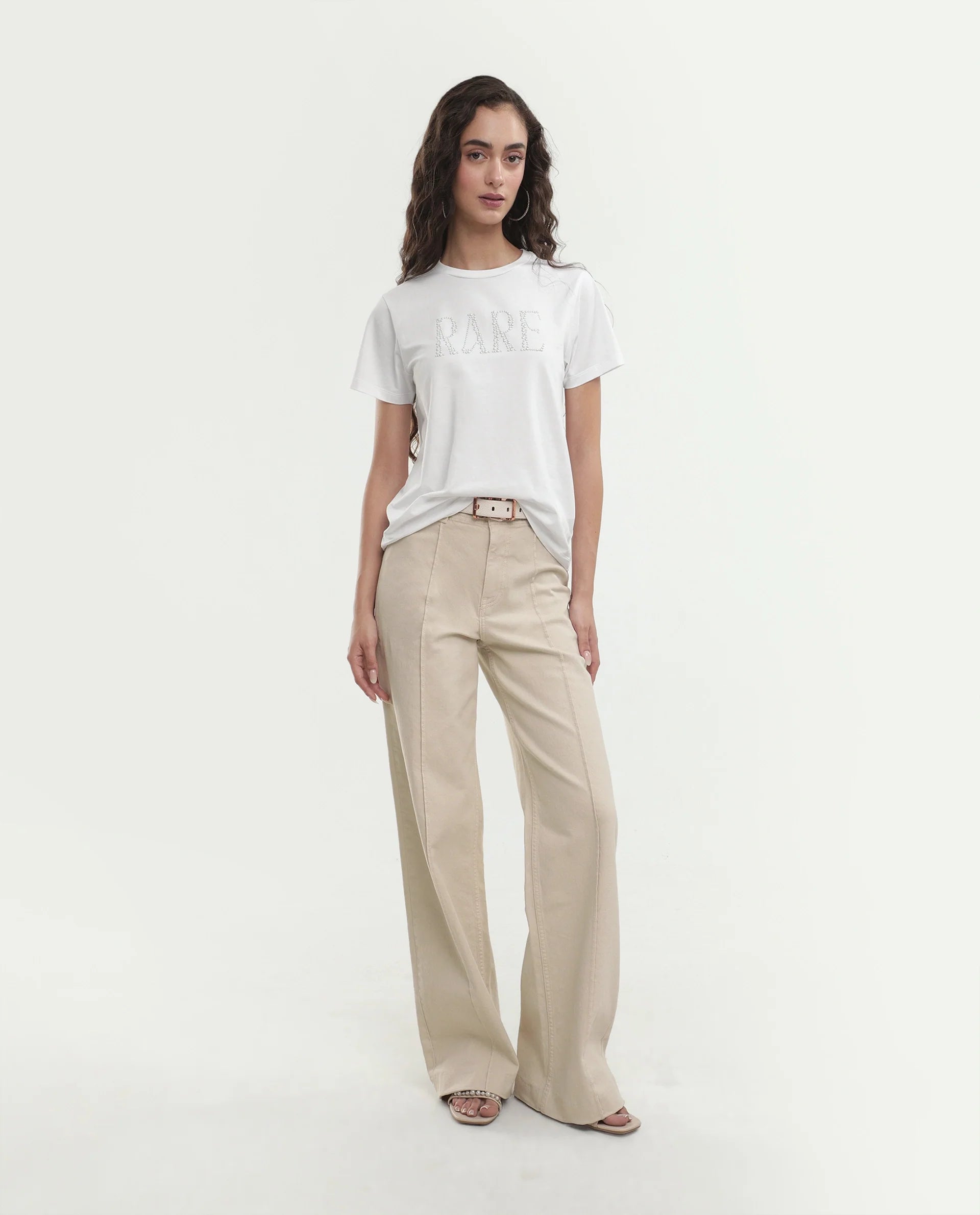 Rareism Women's Pearlo Off White Cotton Blend Pull-On Regular Fit Printed T-Shirt