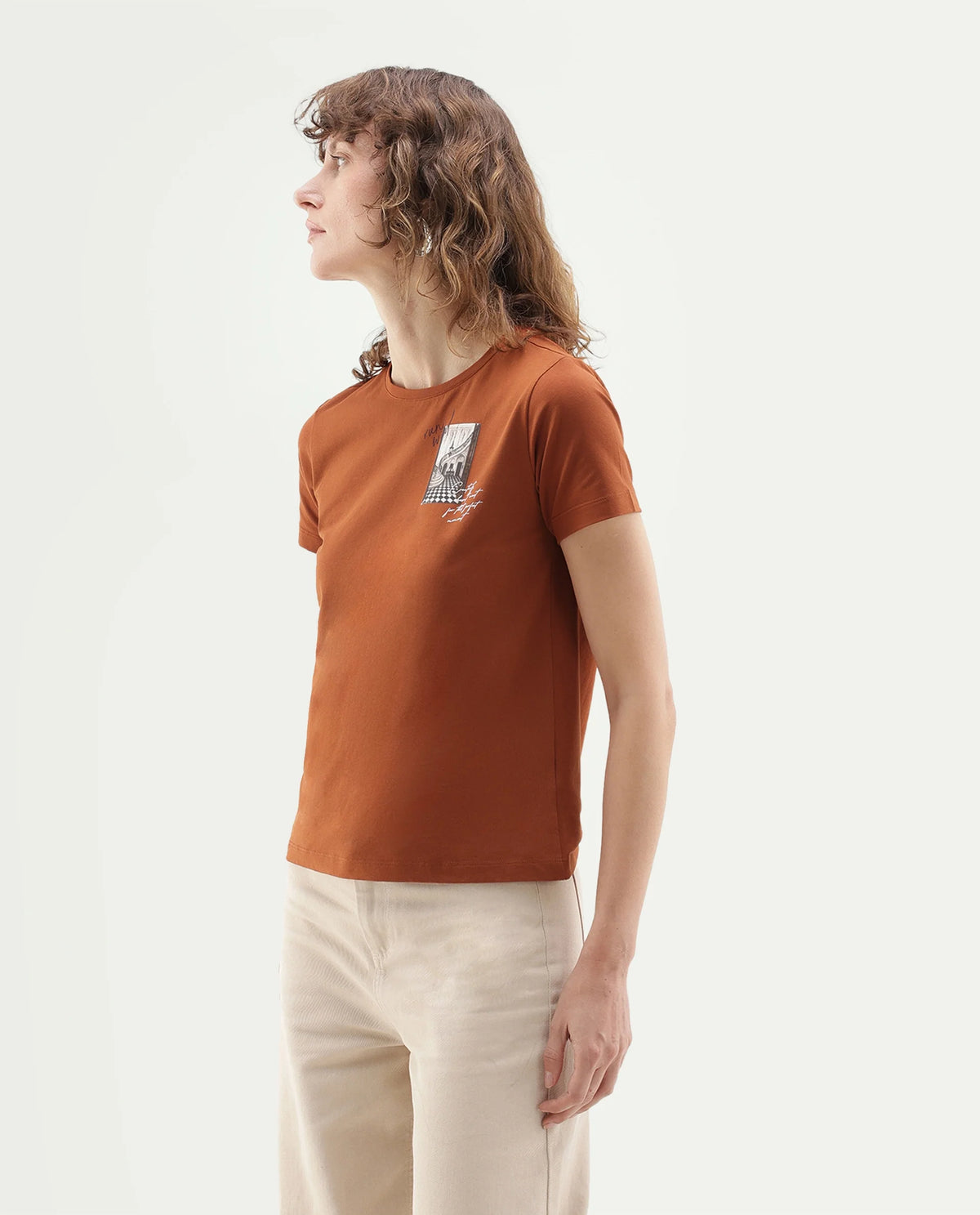 Rareism Women's Pail Dark Orange Cotton Blend Pull-On Regular Fit Digital Print T-Shirt