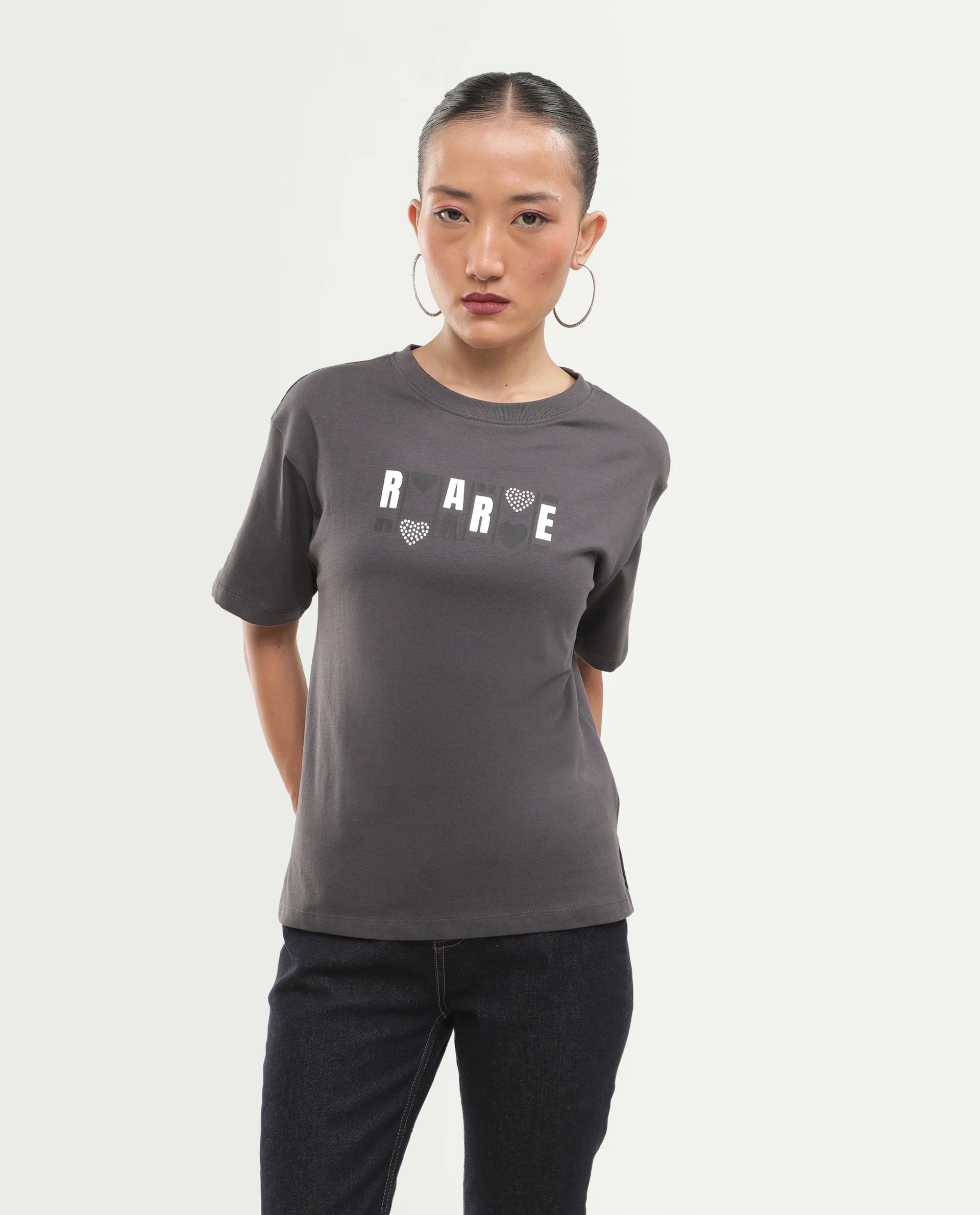 Rareism Women's Pono Dark Grey Cotton Pull-On Relaxed Fit Printed T-Shirt