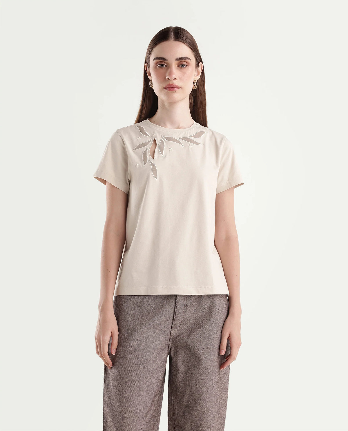 Rareism Women's Pexs Light Beige Cotton Blend Pull-On Regular Fit Printed T-Shirt - image 7