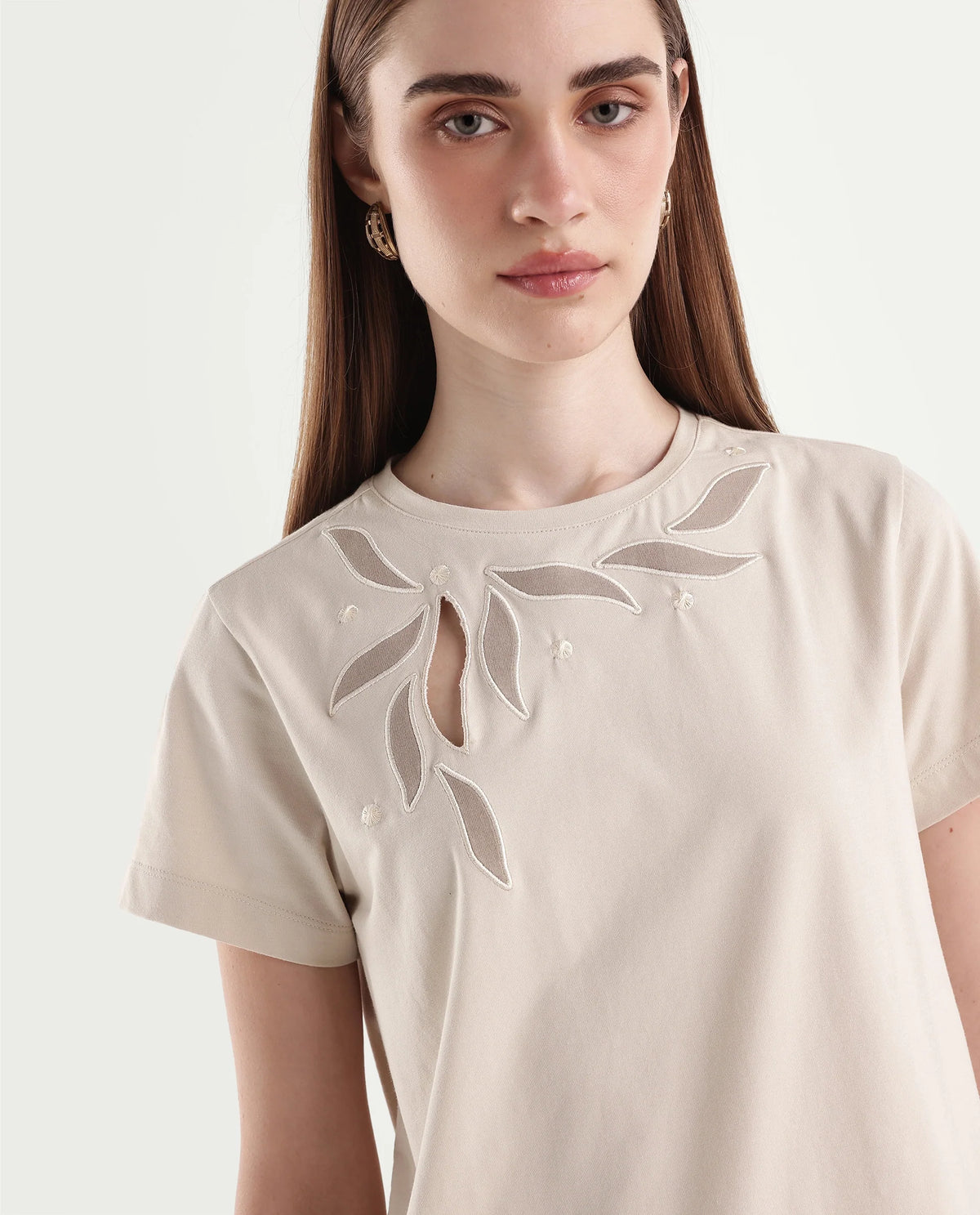 Rareism Women's Pexs Light Beige Cotton Blend Pull-On Regular Fit Printed T-Shirt - image 6