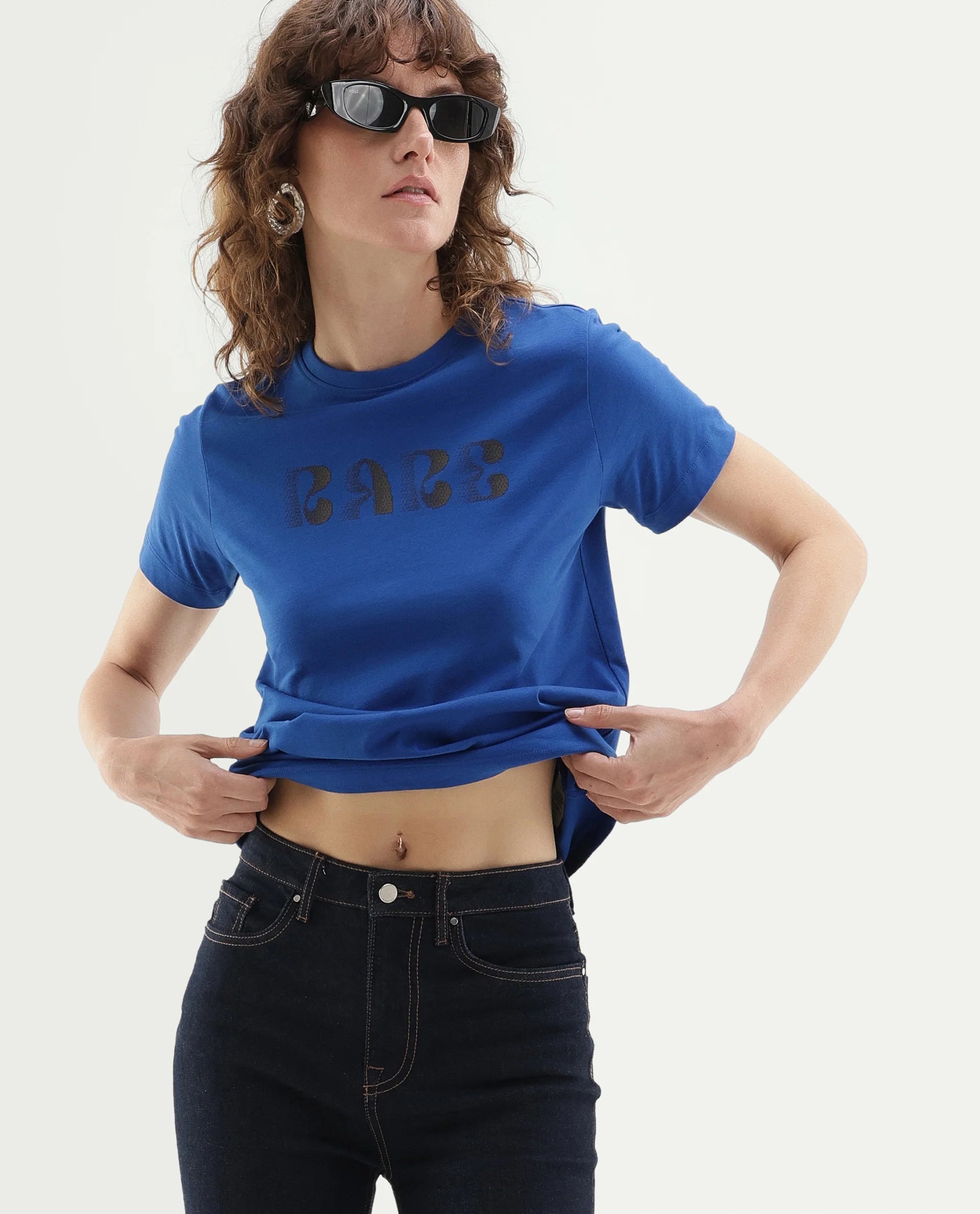 Rareism Women's Pots Dark Blue Cotton Pull-On Regular Fit Typography Print T-Shirt