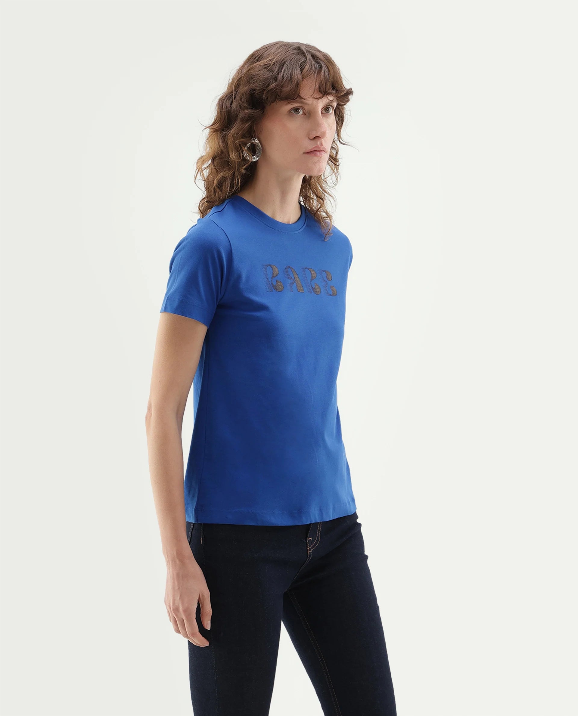 Rareism Women's Pots Dark Blue Cotton Pull-On Regular Fit Typography Print T-Shirt