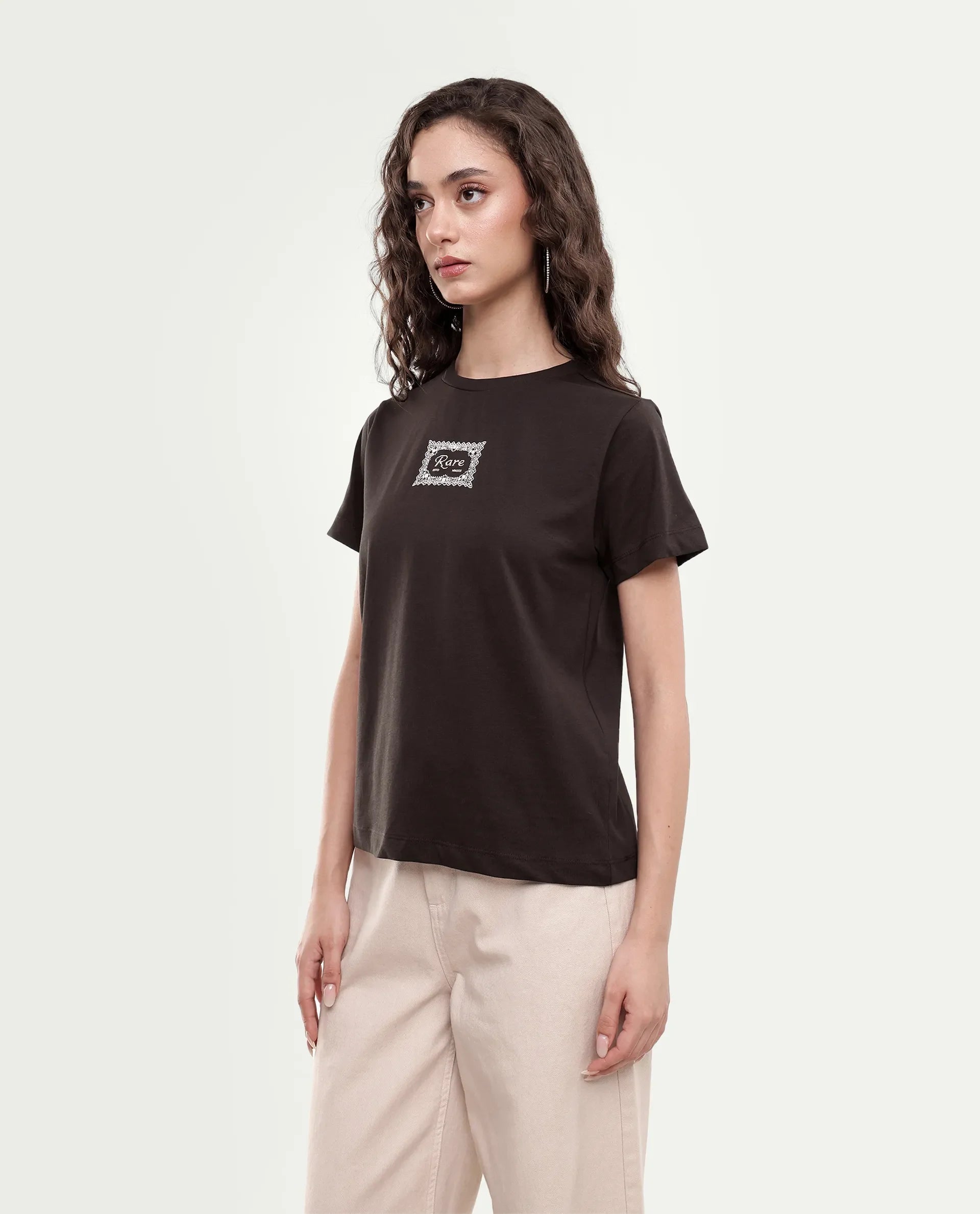 Rareism Women's Pido Dark Brown Cotton Pull-On Regular Fit Hd Print T-Shirt
