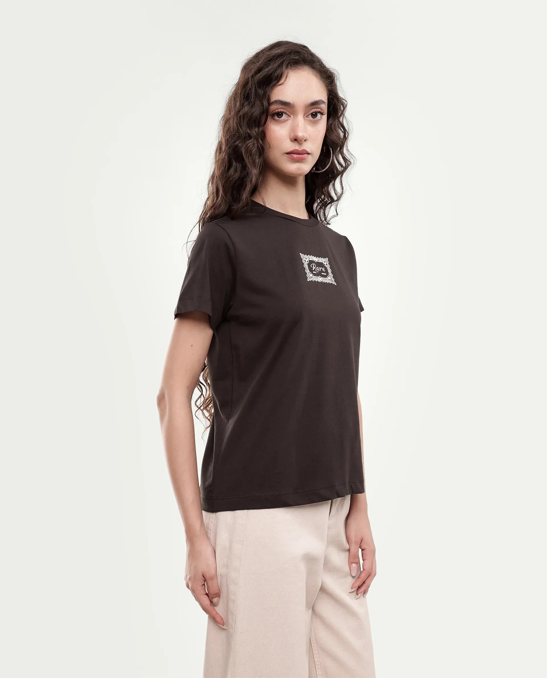 Rareism Women's Pido Dark Brown Cotton Pull-On Regular Fit Hd Print T-Shirt