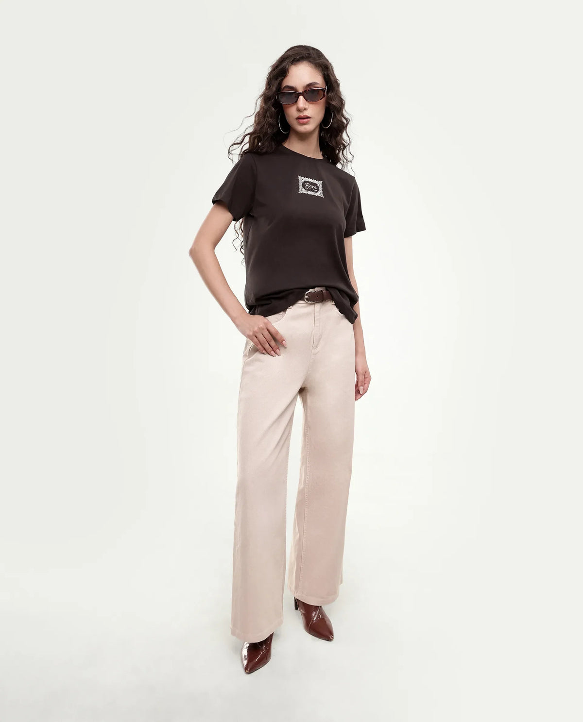 Rareism Women's Pido Dark Brown Cotton Pull-On Regular Fit Hd Print T-Shirt
