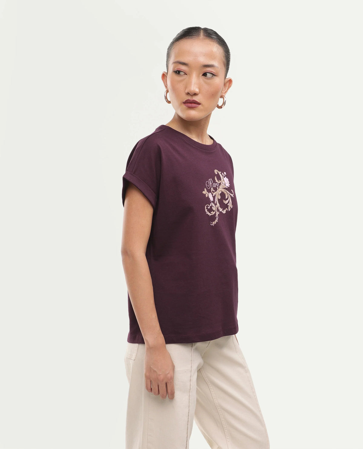 Rareism Women's Pickle Dark Maroon Cotton Pull-On Regular Fit Printed T-Shirt