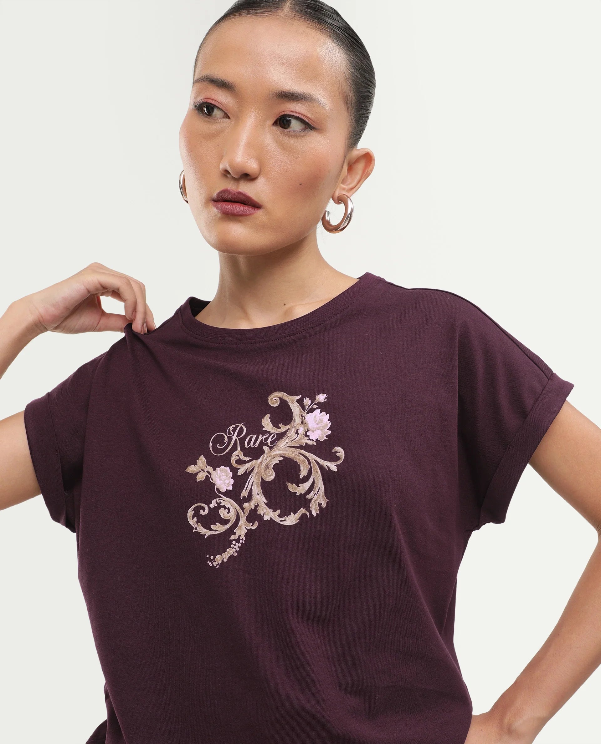 Rareism Women's Pickle Dark Maroon Cotton Pull-On Regular Fit Printed T-Shirt