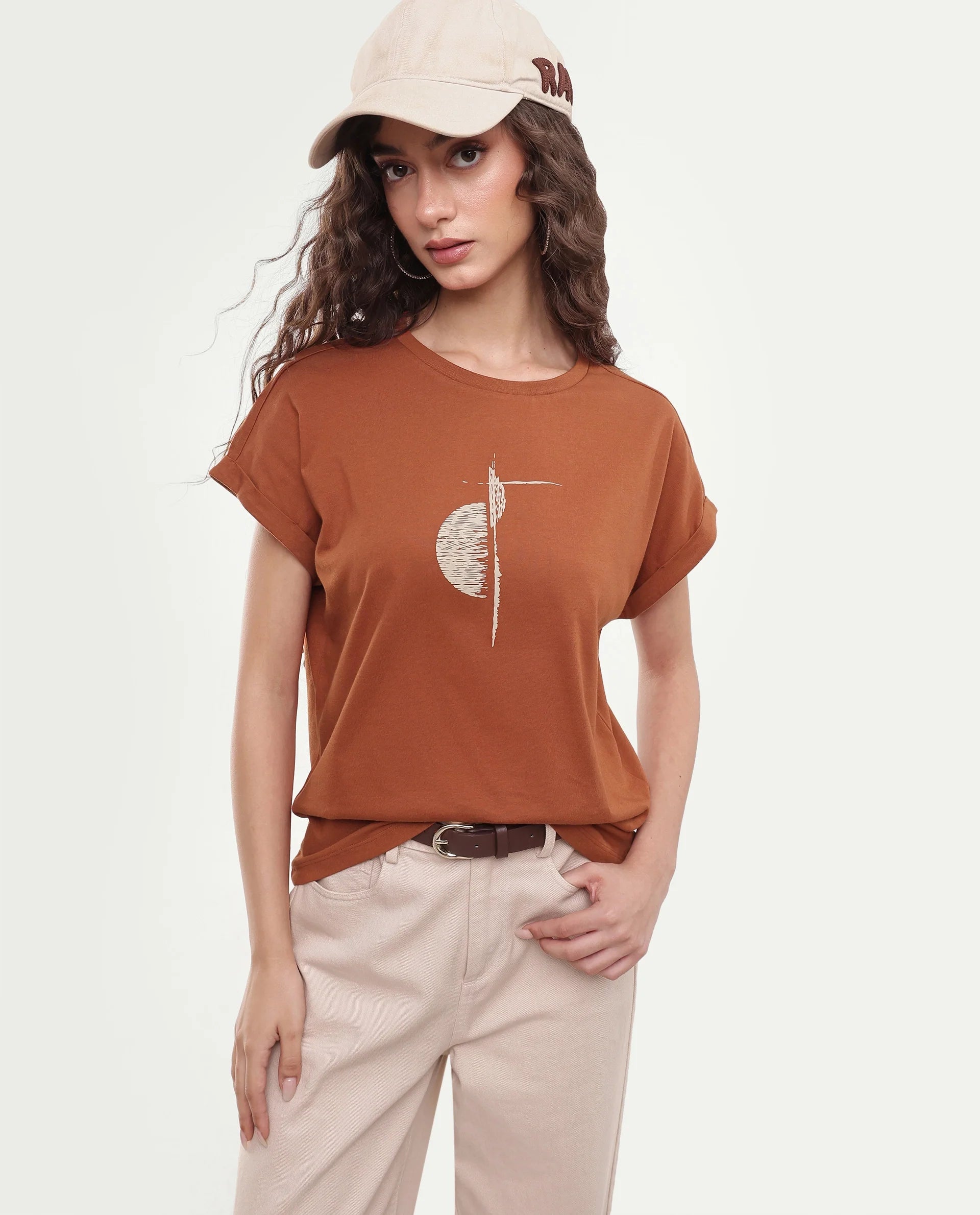 Rareism Women's Paximo Rust Cotton Pull-On Regular Fit Hd Print T-Shirt