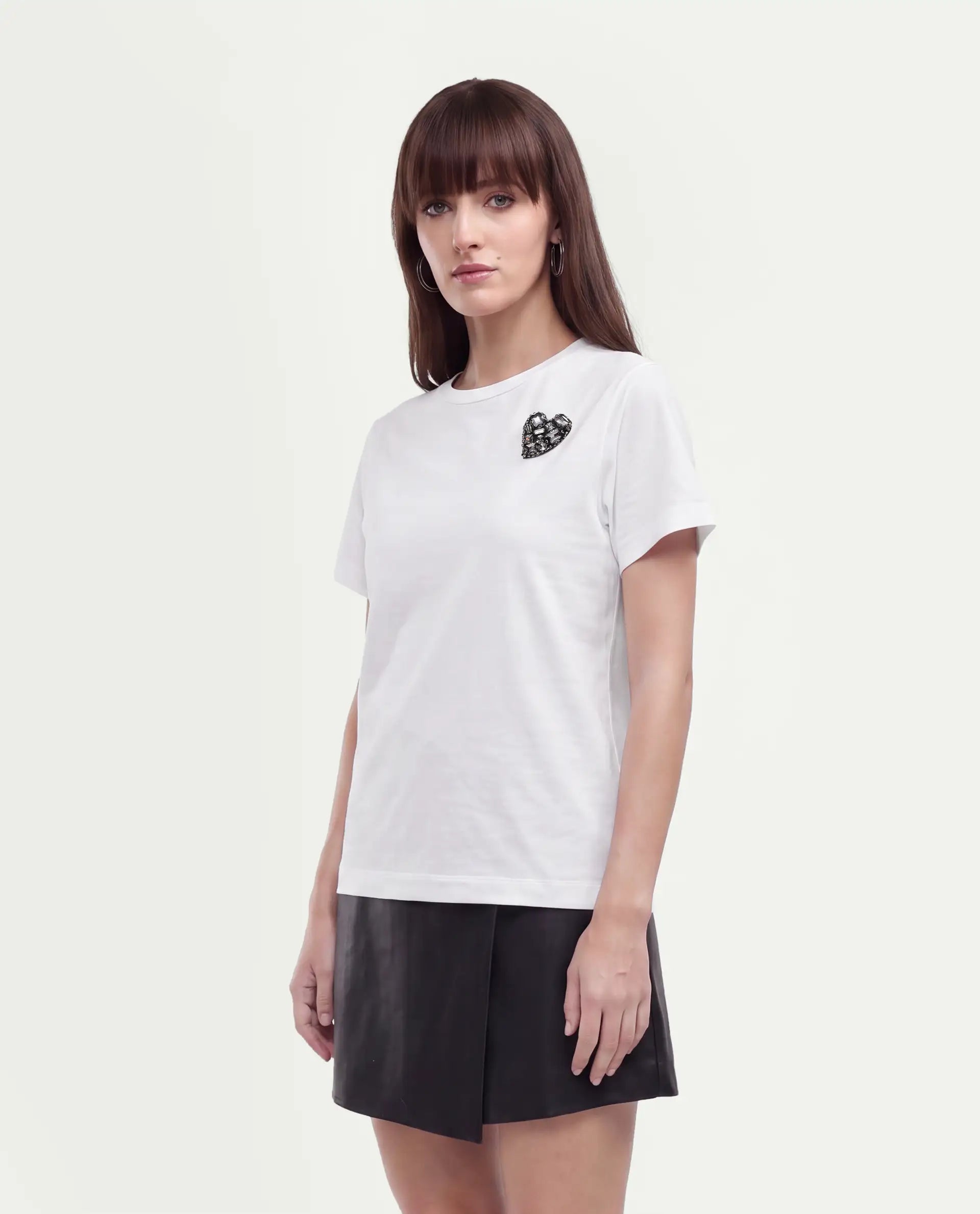 Rareism Women's Pish Off White Cotton Blend Pull-On Regular Fit T-Shirt