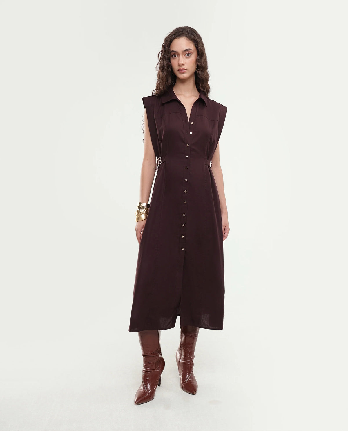 Rareism Women's Yorgo Brown Cotton Button Fit And Flare Plain Dress